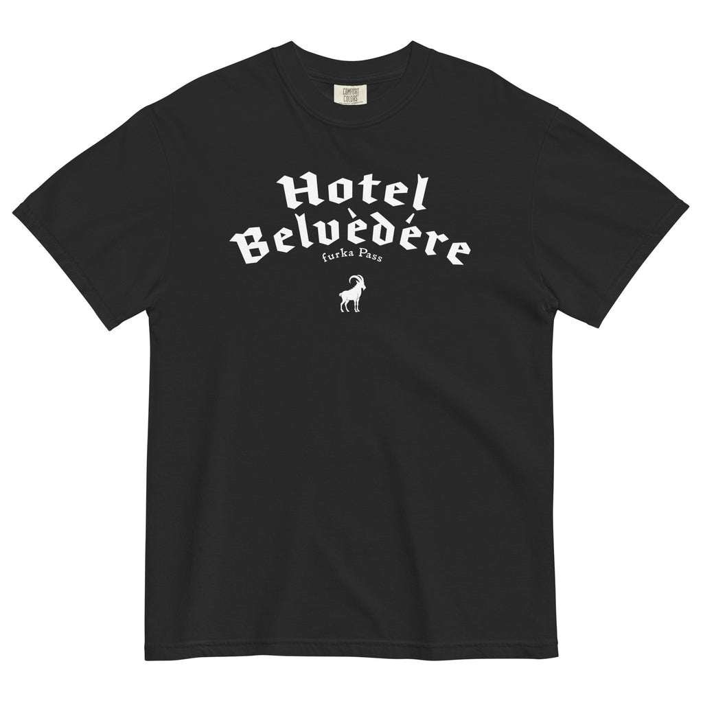Black Monksee t-shirt with 'Hotel Belvedere Furka Pass' graphic on a white background