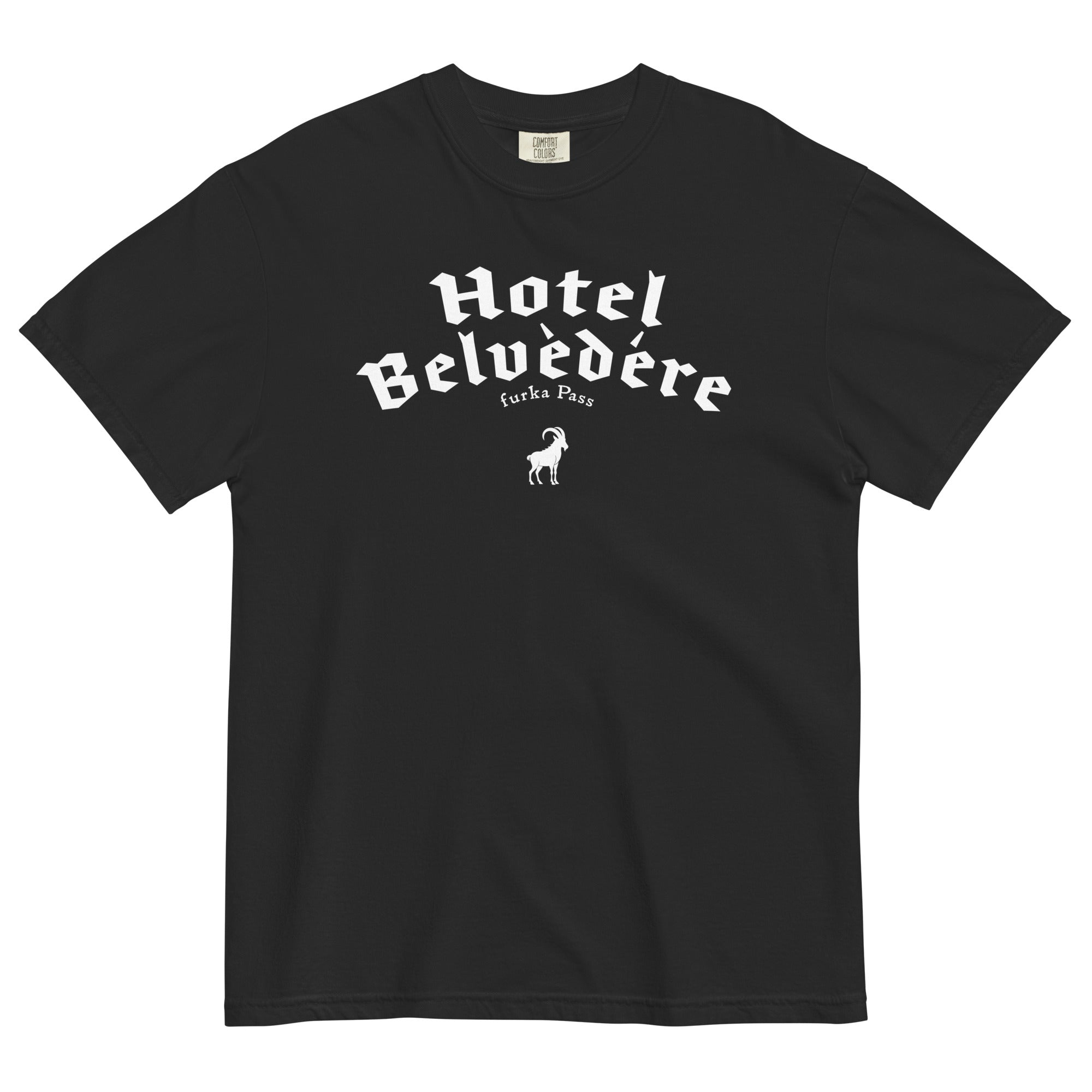 Black Monksee t-shirt with 'Hotel Belvedere Furka Pass' graphic on a white background