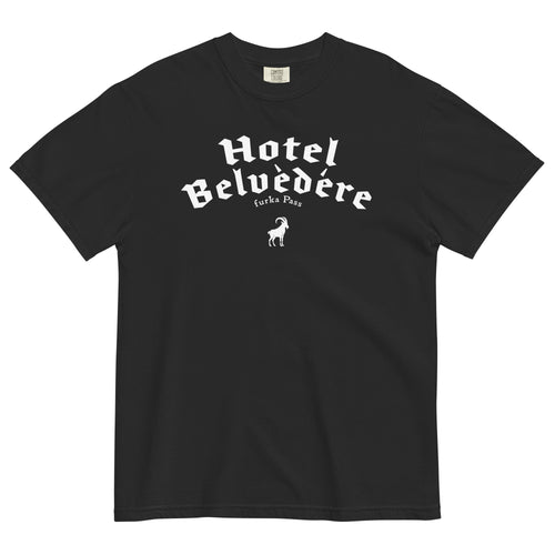 Black Monksee t-shirt with 'Hotel Belvedere Furka Pass' graphic on a white background