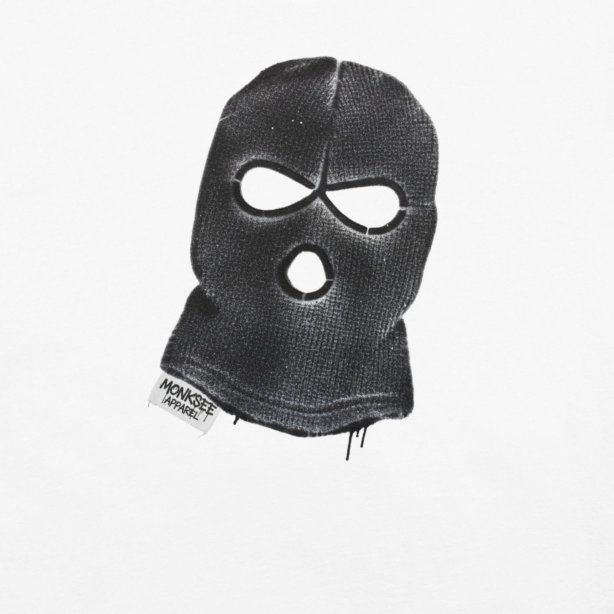 Black balaclava with a Monksee label on a white background