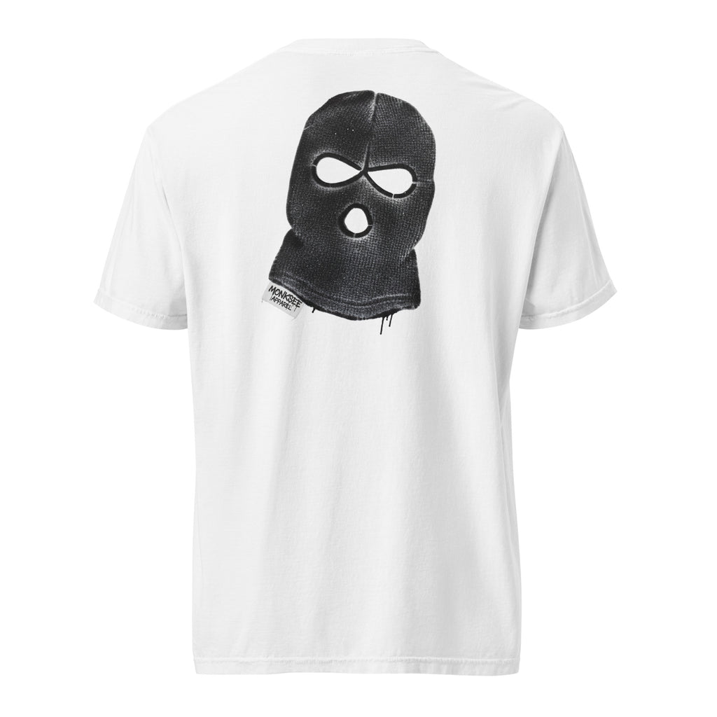 White t-shirt with a black balaclava graphic on the back against a white background