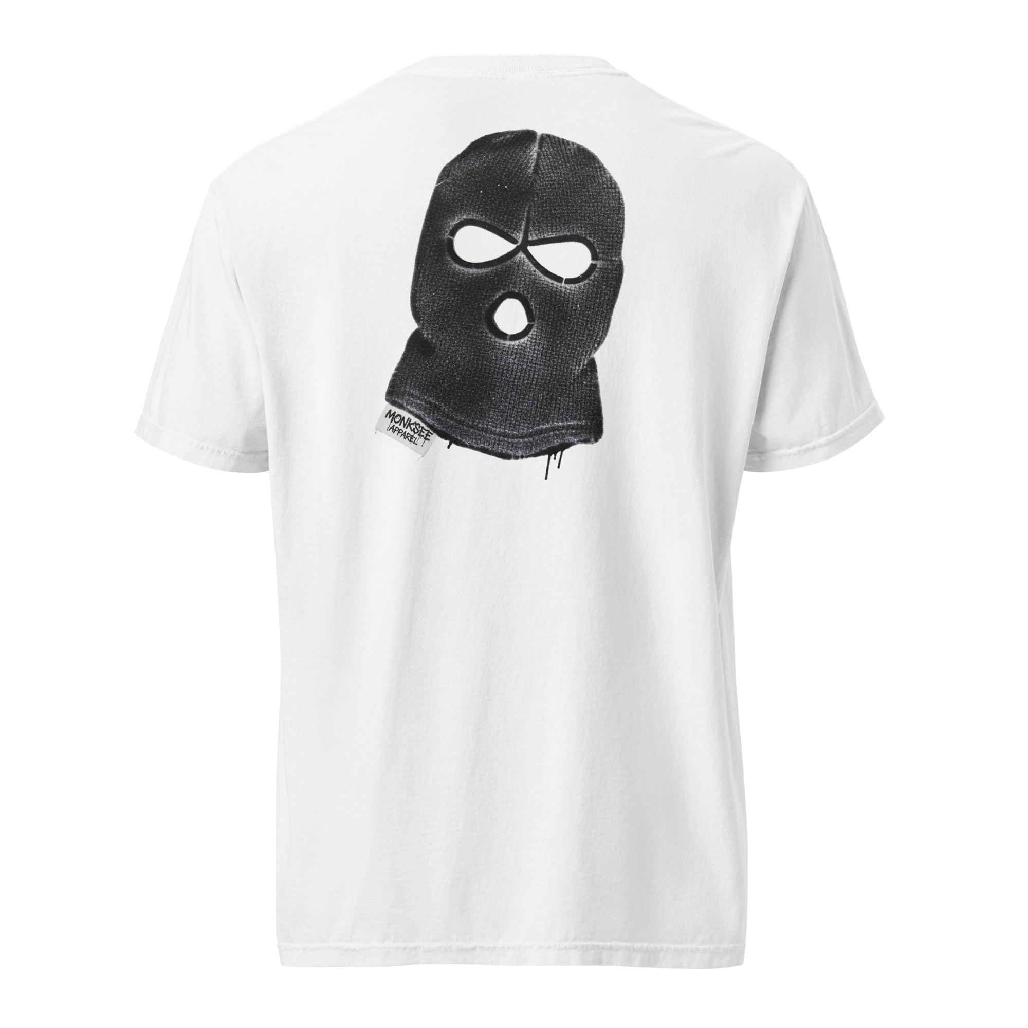 White t-shirt with a black balaclava graphic on the back against a white background
