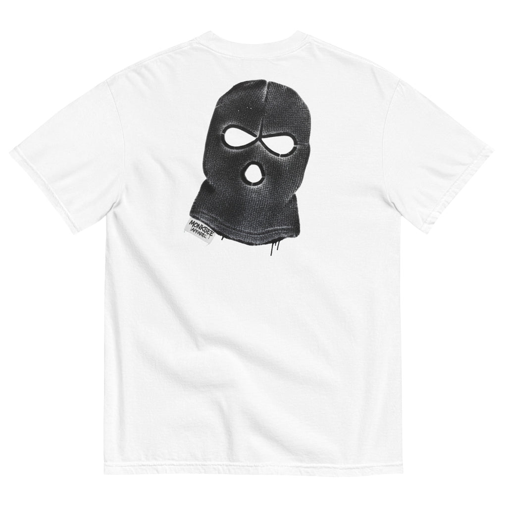 White t-shirt with a black balaclava graphic on a white background