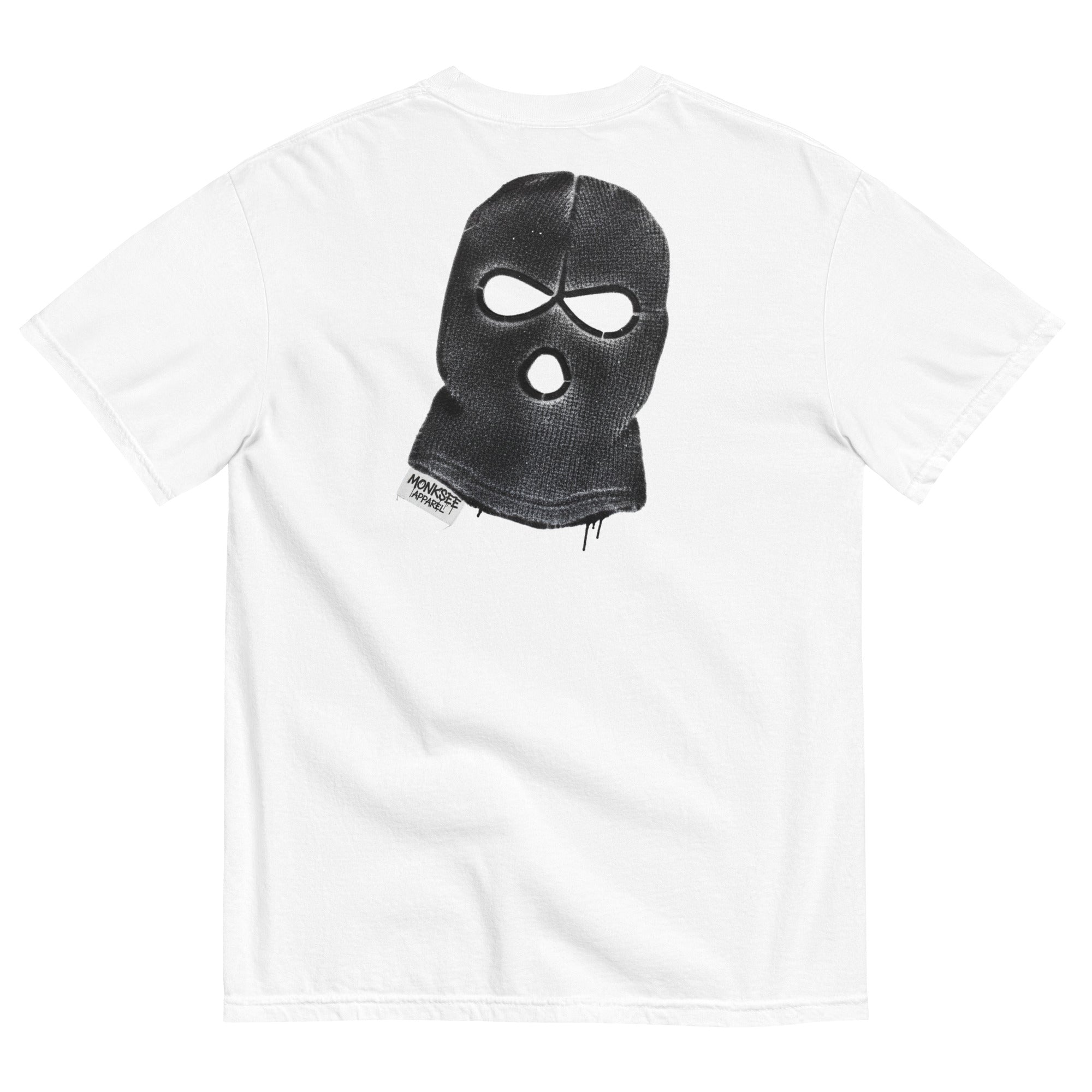 White t-shirt with a black balaclava graphic on a white background