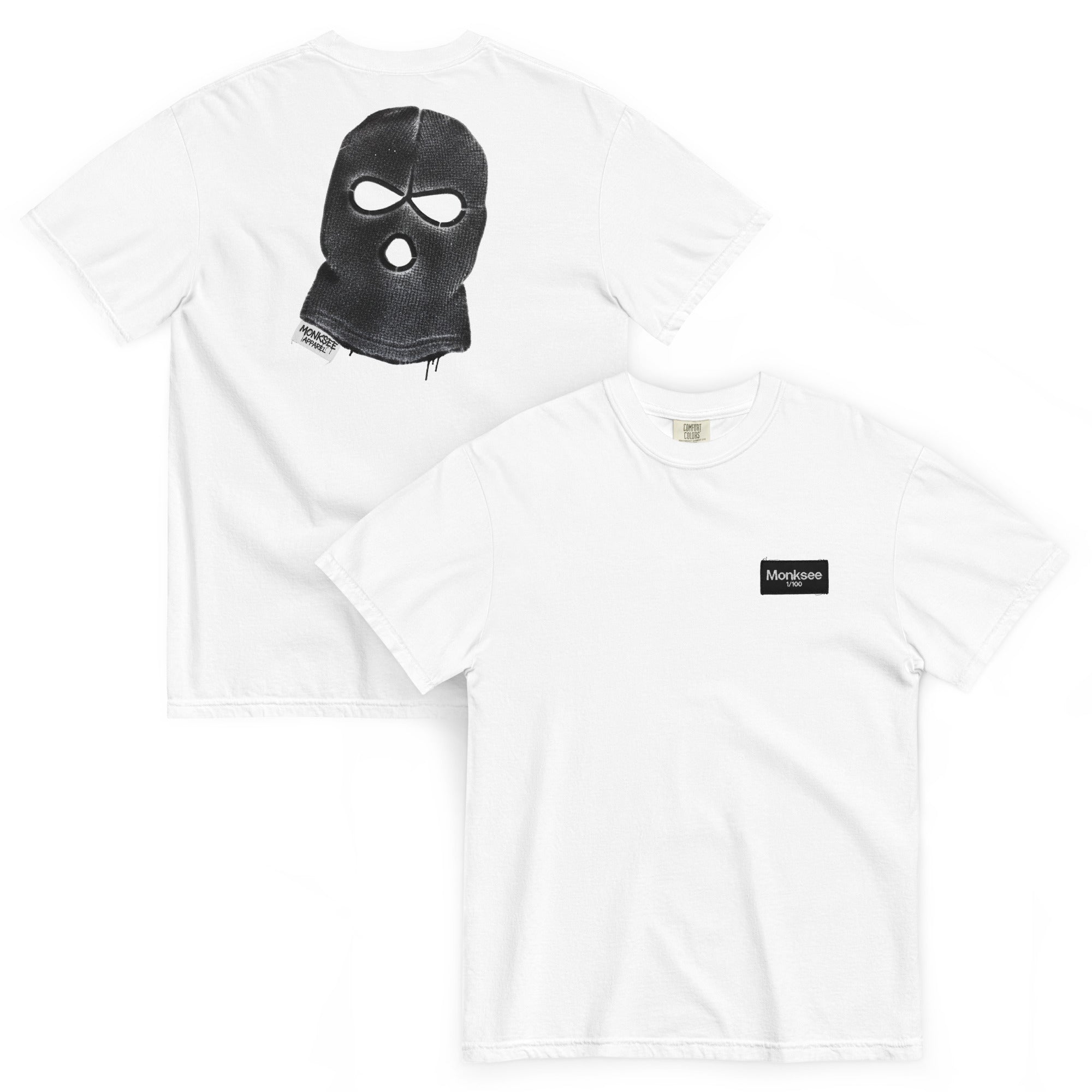 Front and back of white t-shirt with black balaclava graphic and Monksee label on a white background