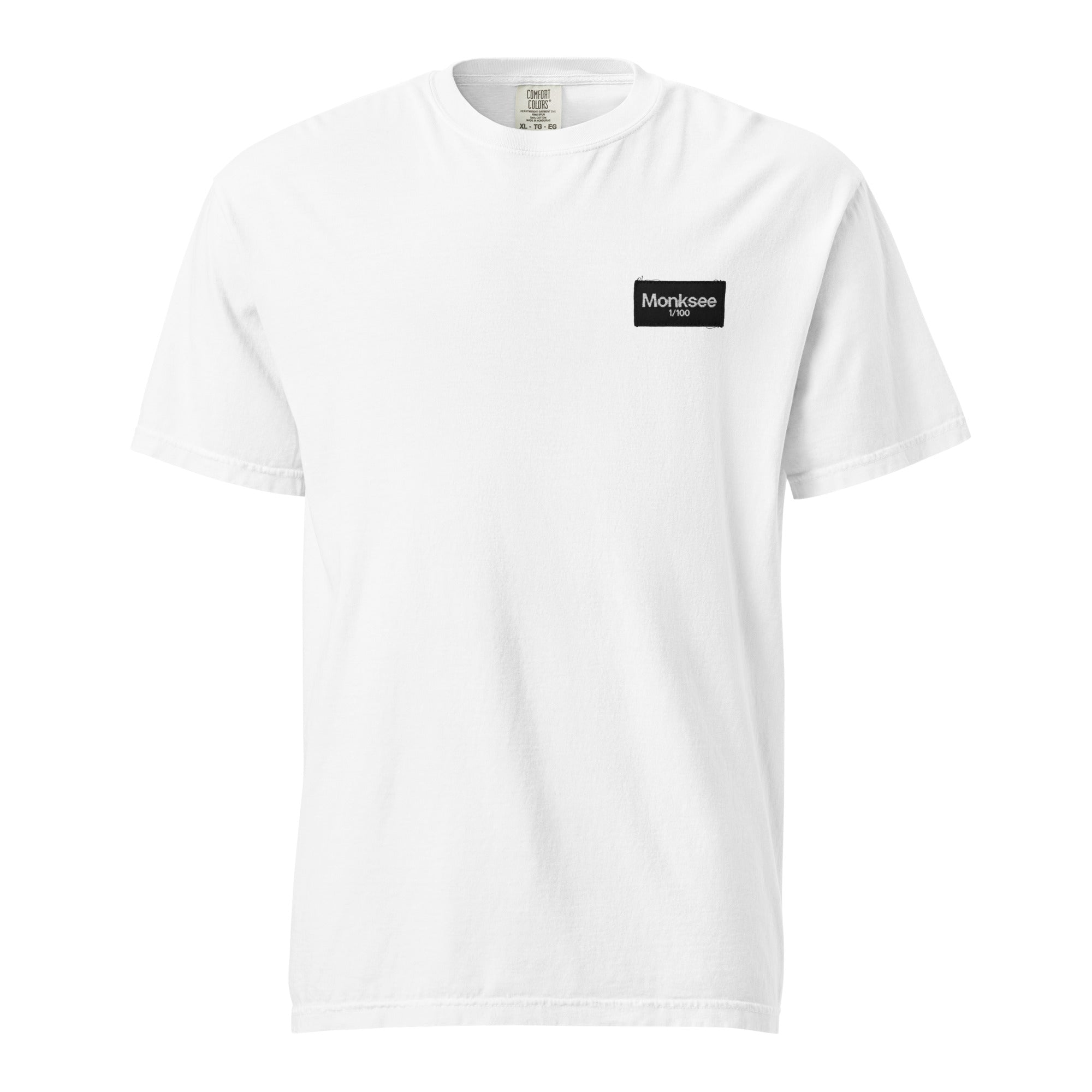 White t-shirt with a black Monksee label on a white background