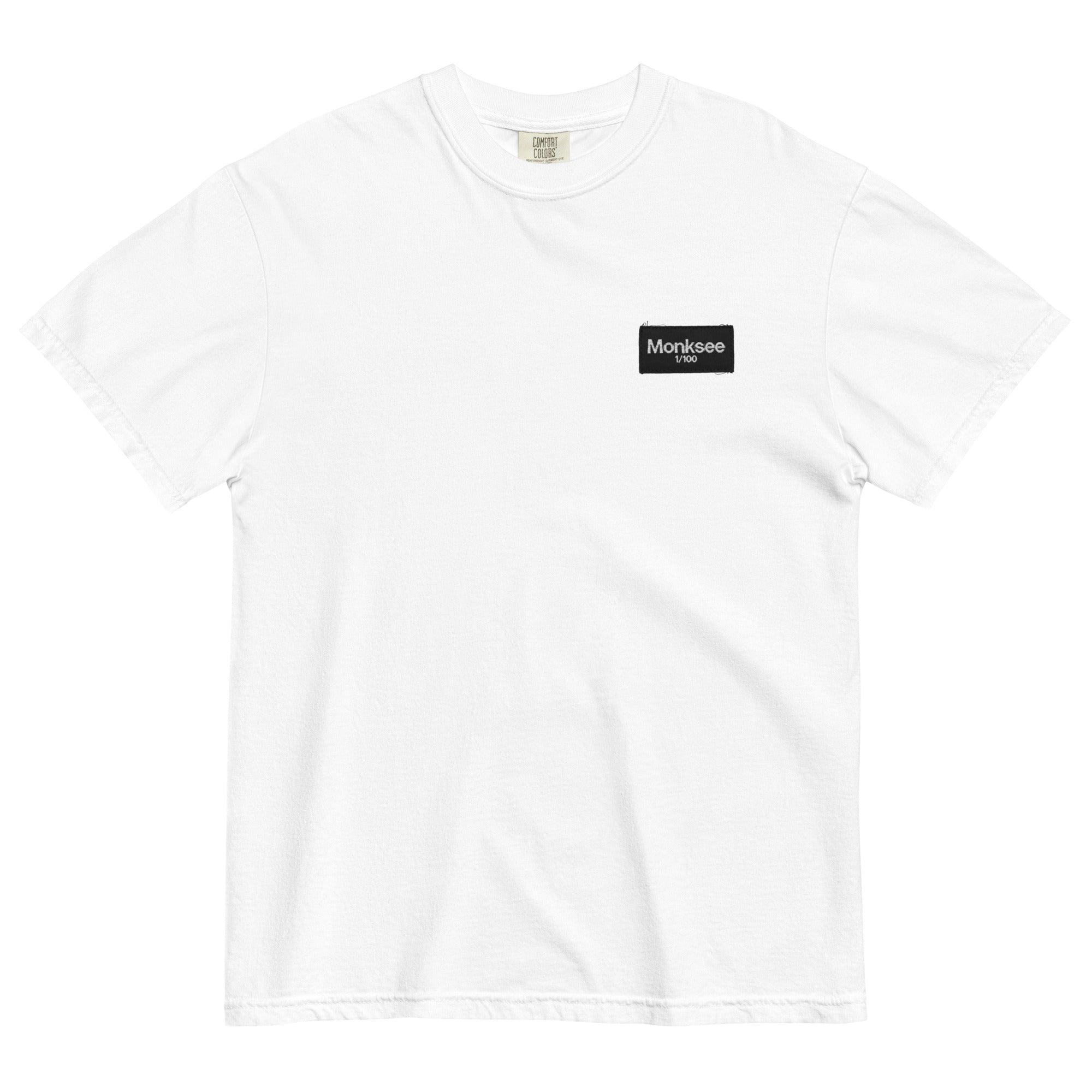 White t-shirt with a black Monksee label on a white background