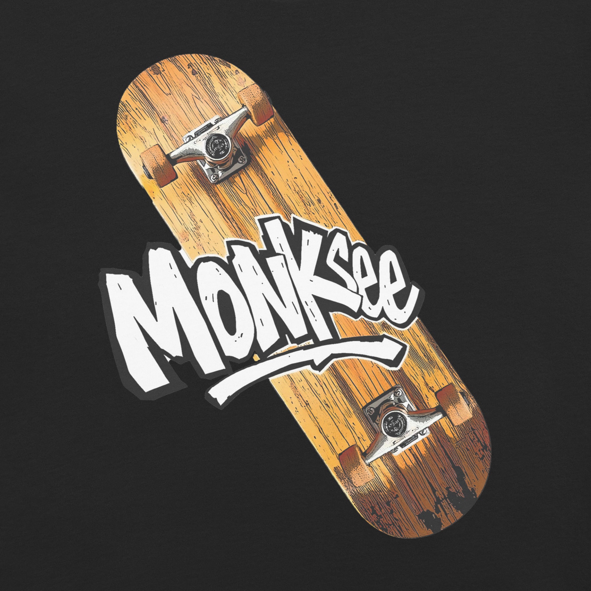 close up of Monksee Kick Flip tshirt design on black tshirt