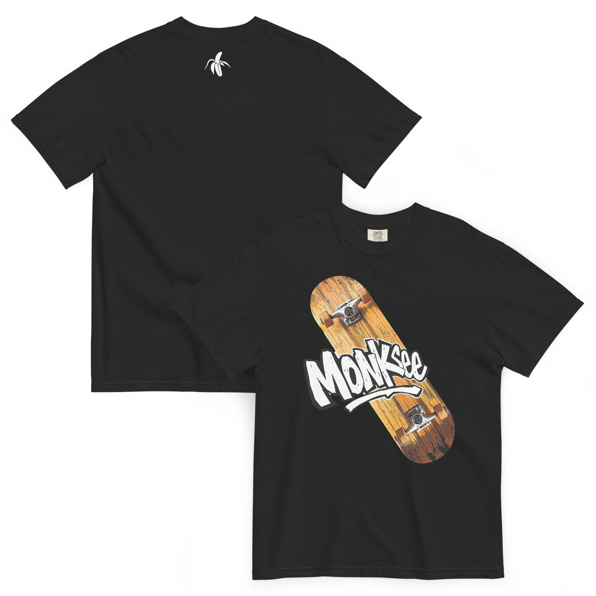 front and back of black monksee kick flip garment dyed tshirt on white background