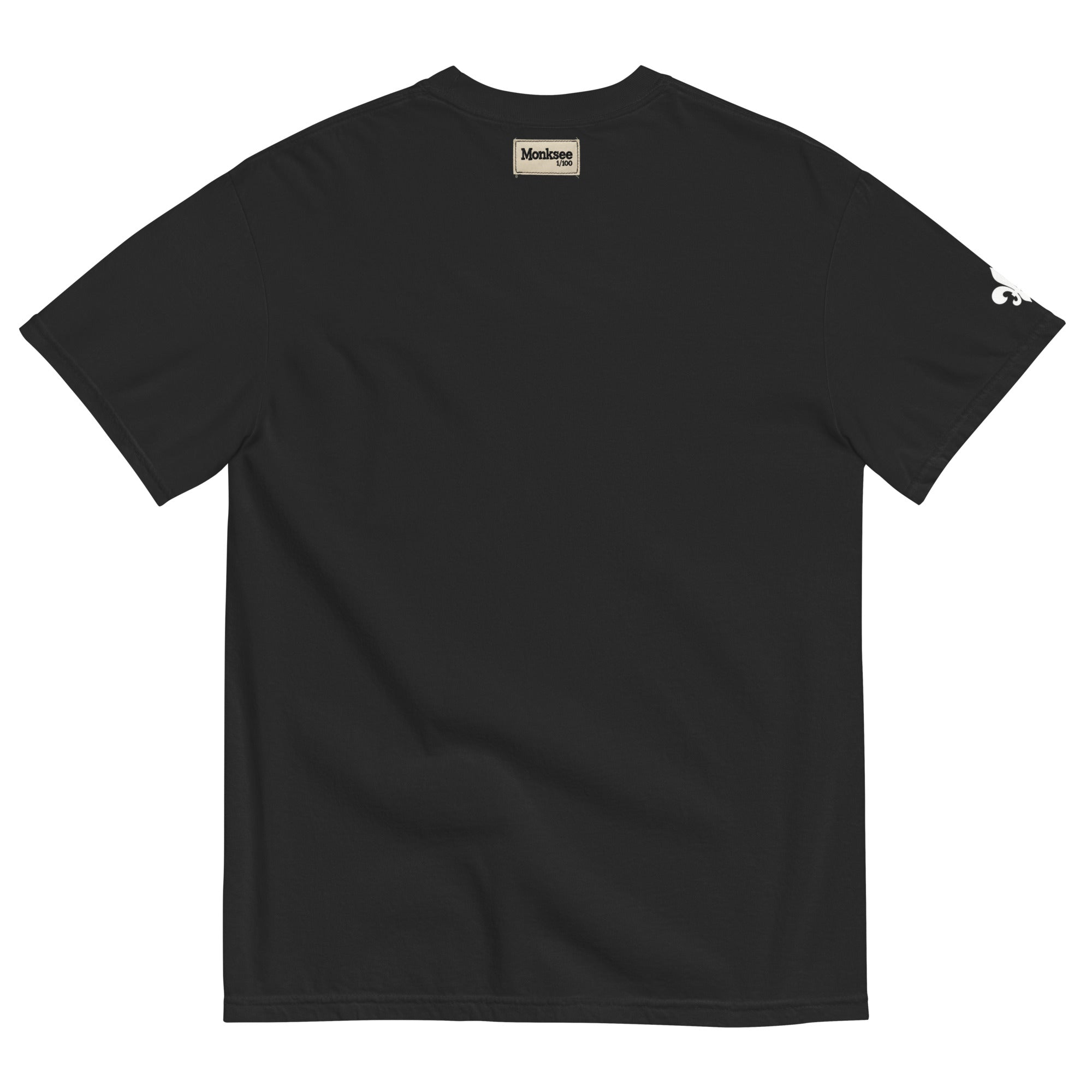 back of black garment dyed t-shirt with Monksee limited edition label on neck line