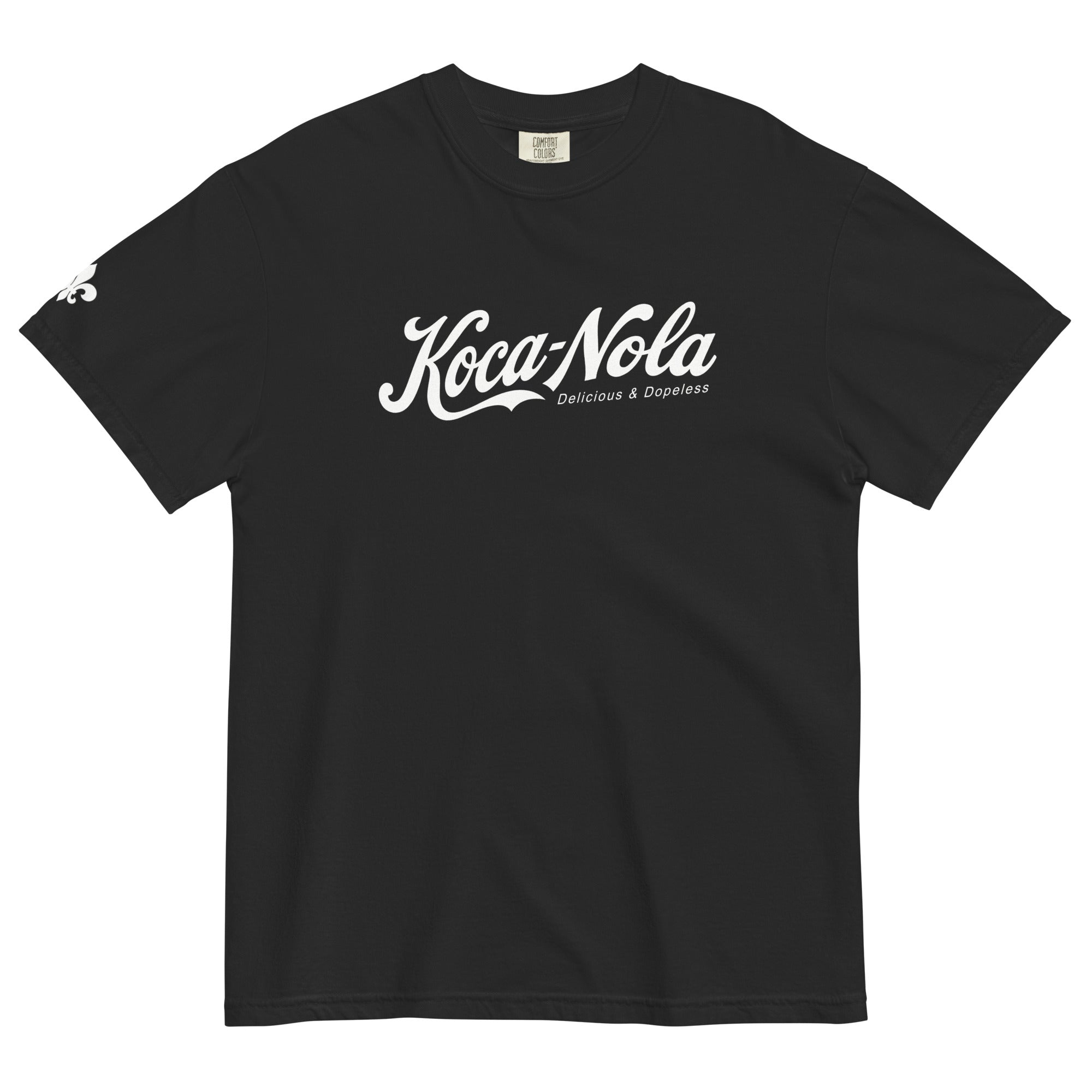 Black Koca-Nola garment dyed t-shirt laying on a white background