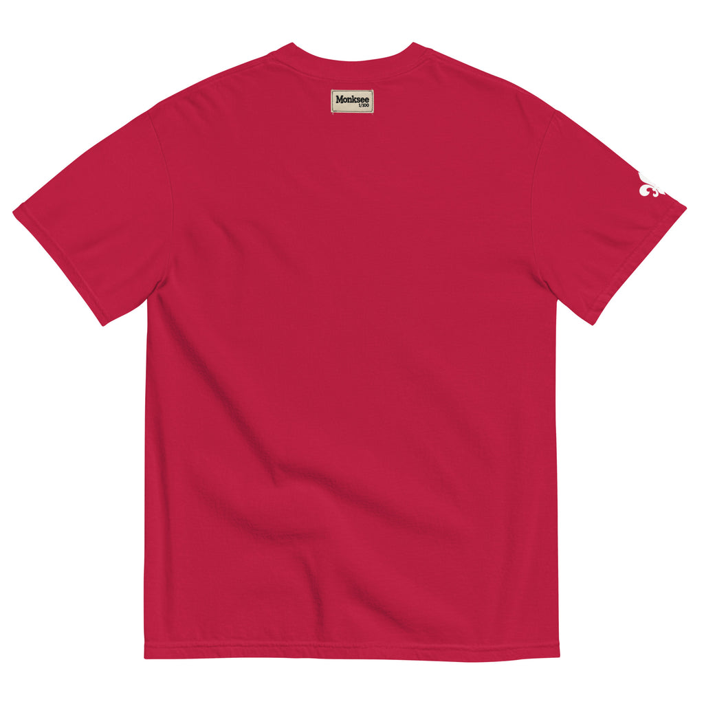 back of red garment dyed t-shirt with Monksee limited edition label on neck line