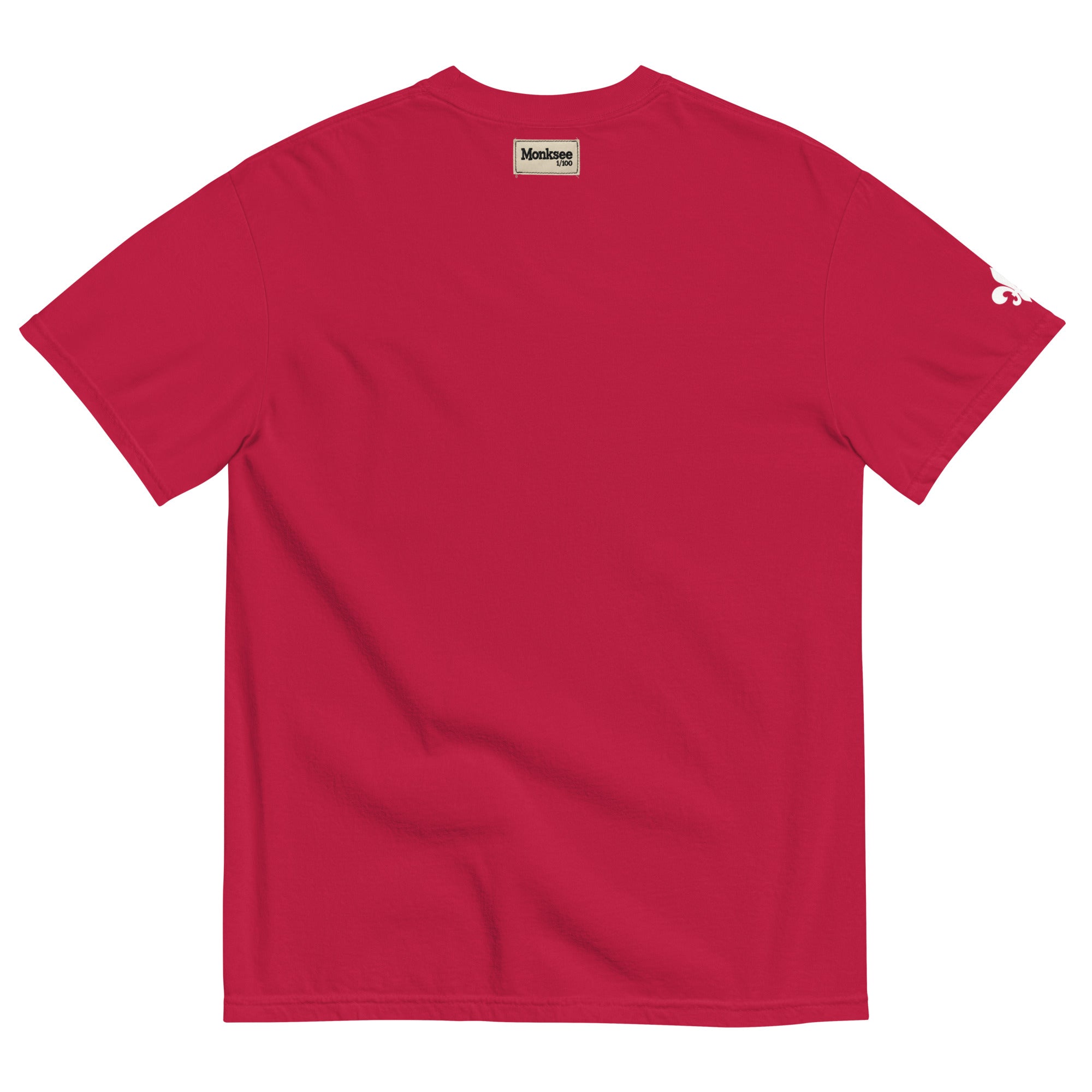 back of red garment dyed t-shirt with Monksee limited edition label on neck line