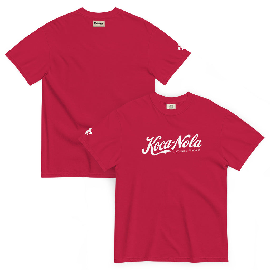 front and back of red Koca-Nola garment dyed t-shirt on a white background