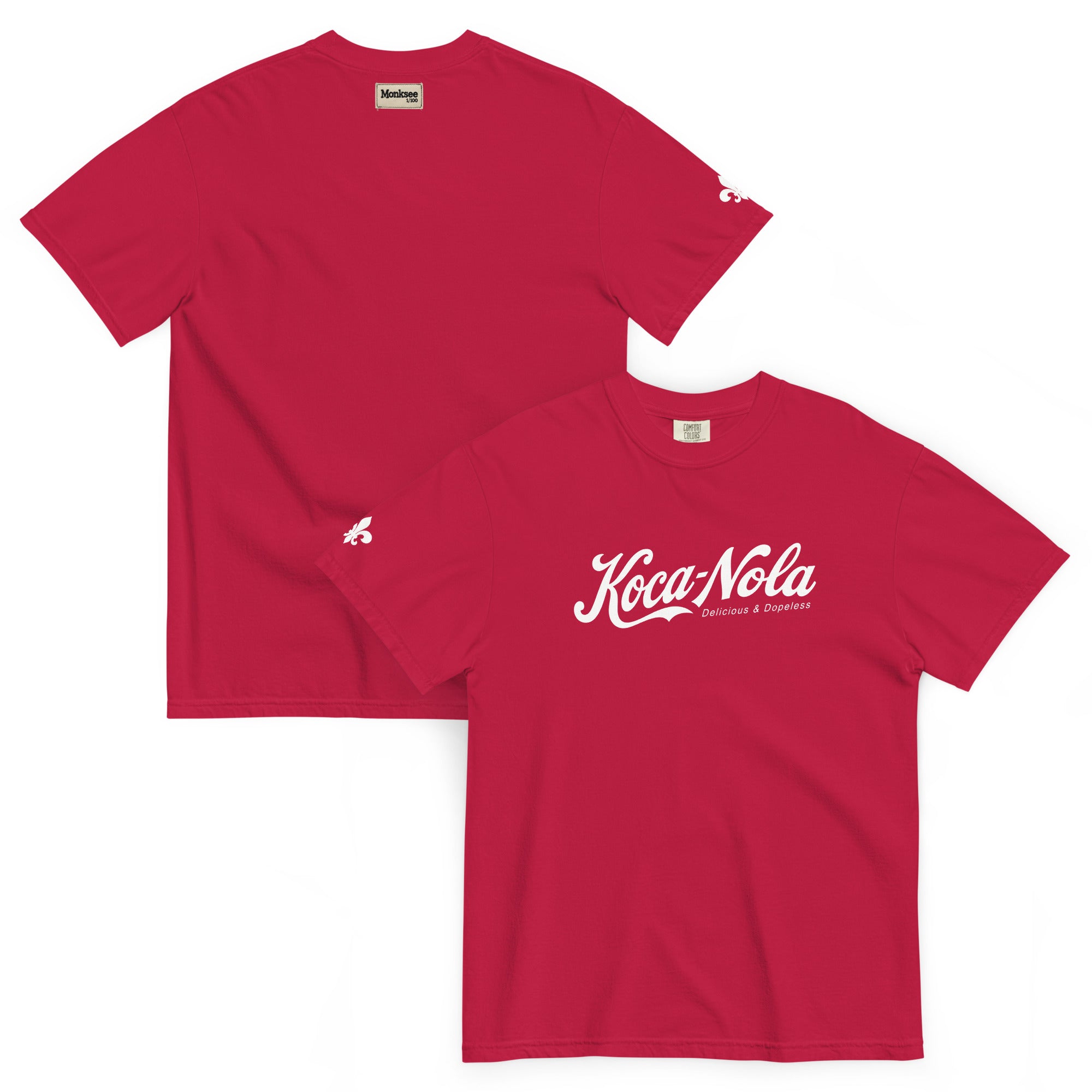 front and back of red Koca-Nola garment dyed t-shirt on a white background