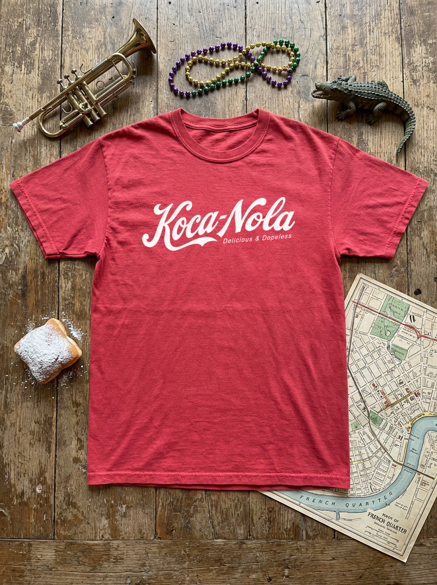 red Koca-nola garment dyed t-shirt laying on a table surrounded by New Orleans objects