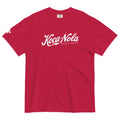 Red Koca-Nola garment died t-shirt laying on a white background