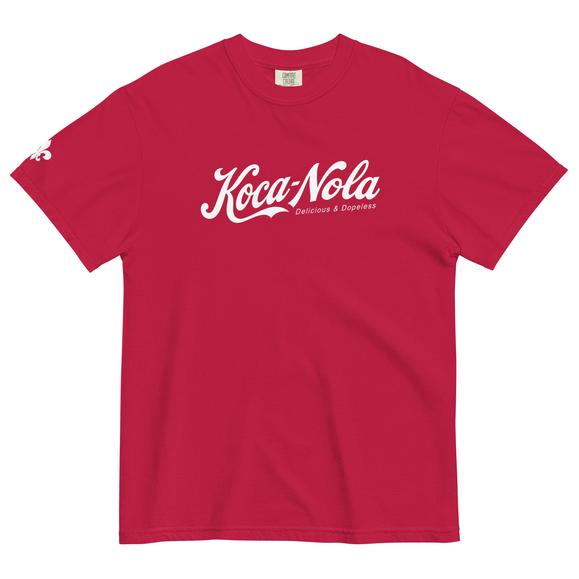 Red Koca-Nola garment died t-shirt laying on a white background