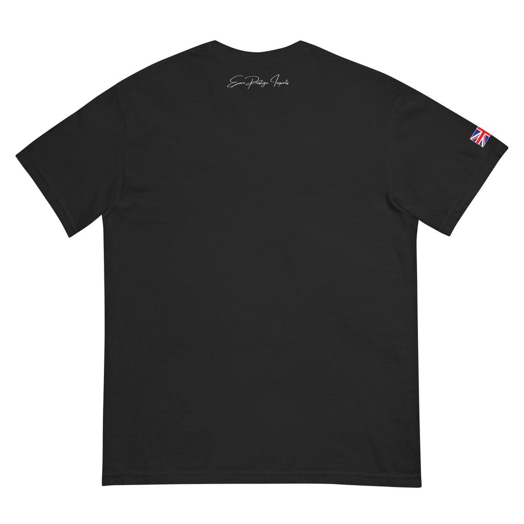 Black t-shirt with a small Union Jack patch on the sleeve against a white background