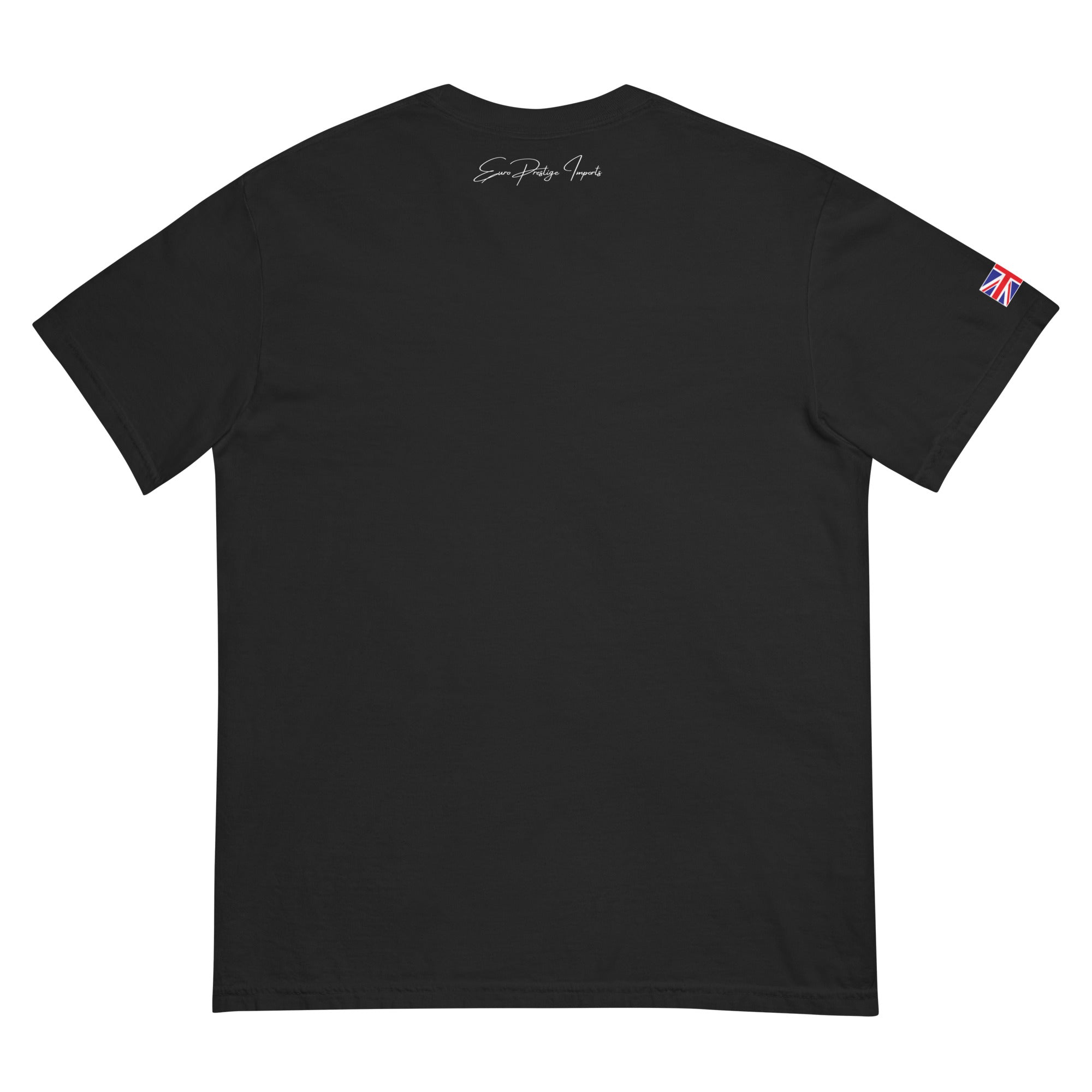 Black t-shirt with a small Union Jack patch on the sleeve against a white background