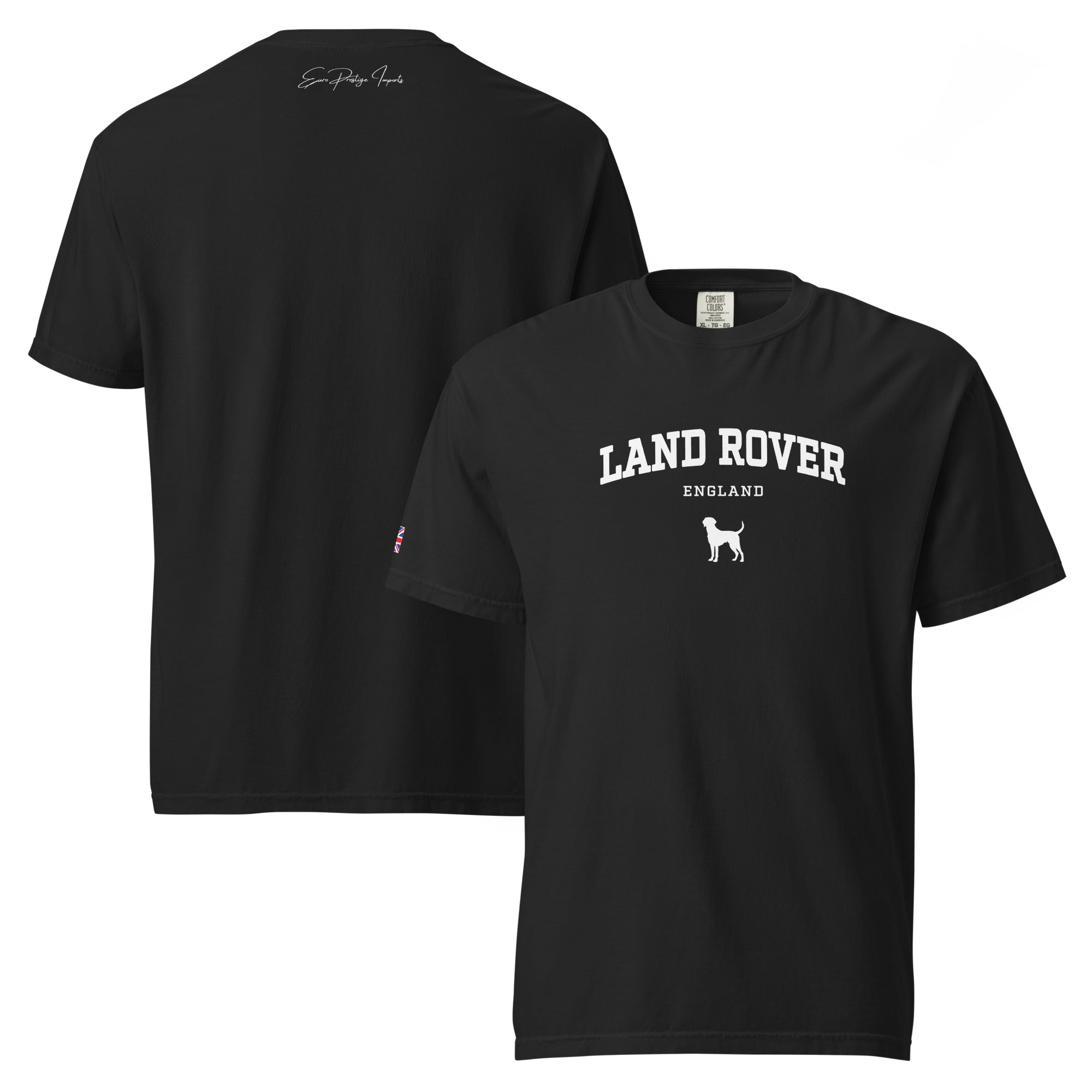 Black t-shirt with motorcycle blueprint on the back and 'Land Rover' logo on the front, displayed on a white background.
