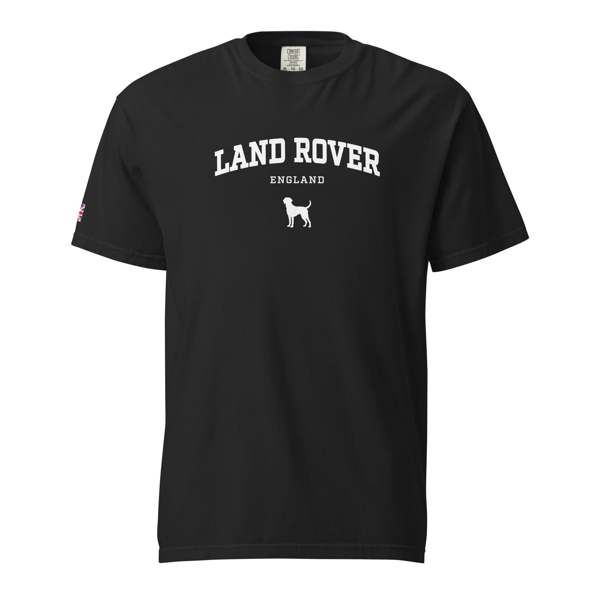 Black t-shirt with 'Land Rover' text on a white background