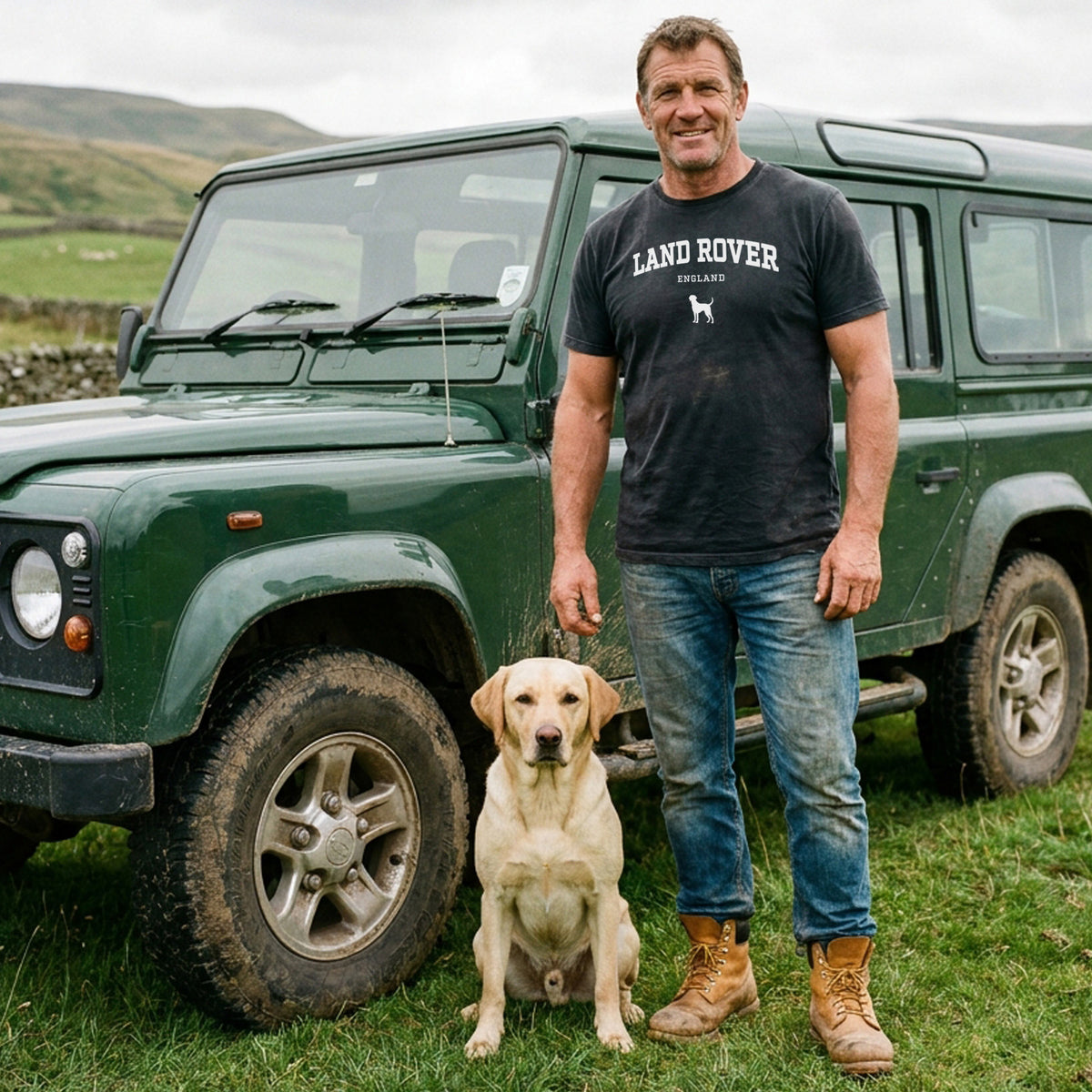 man standing in a field with his dog in front of a Land Rover Defender wearing a black t-shirt that says Land Rover England and a small icon of a dog