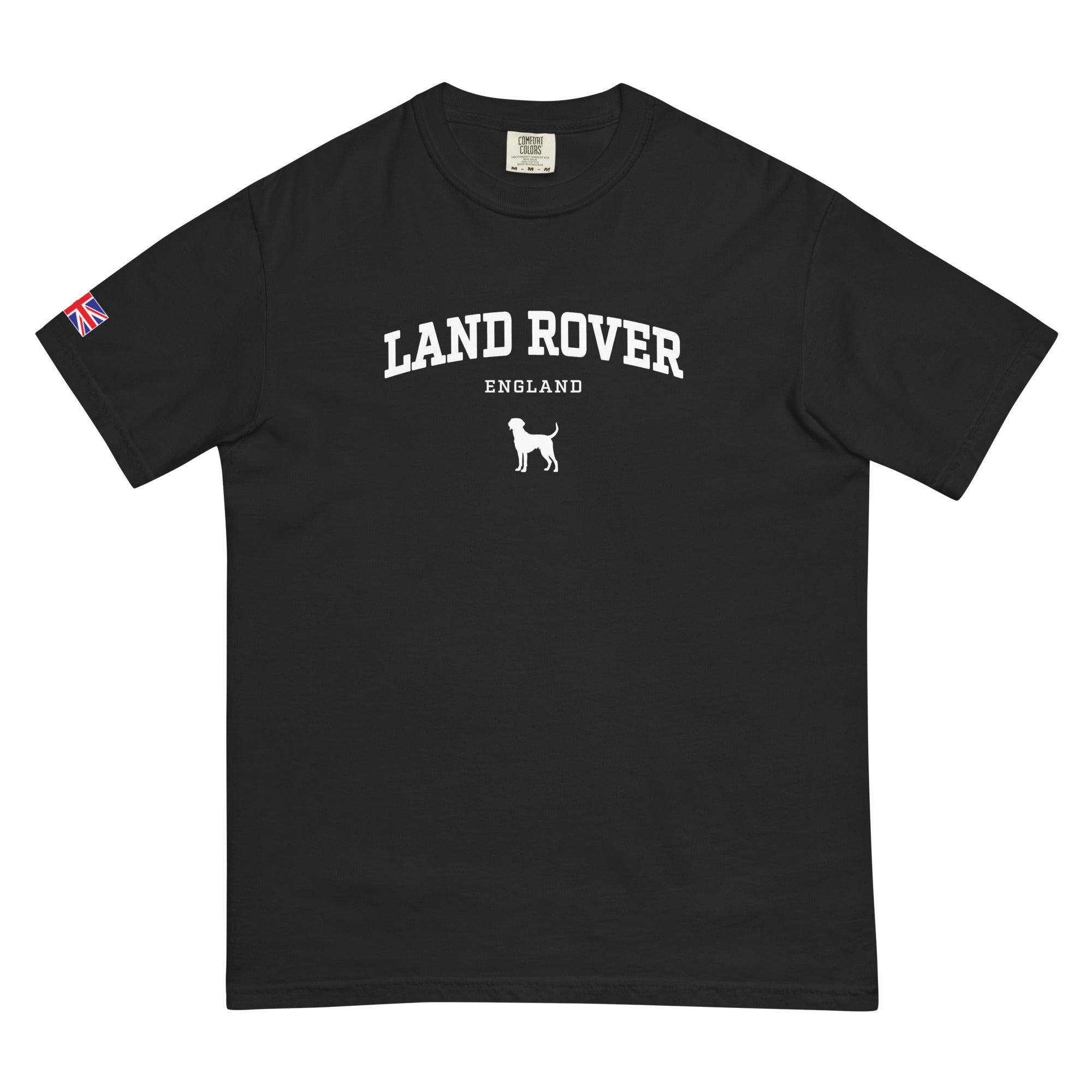 Black t-shirt with Land Rover logo on a white background
