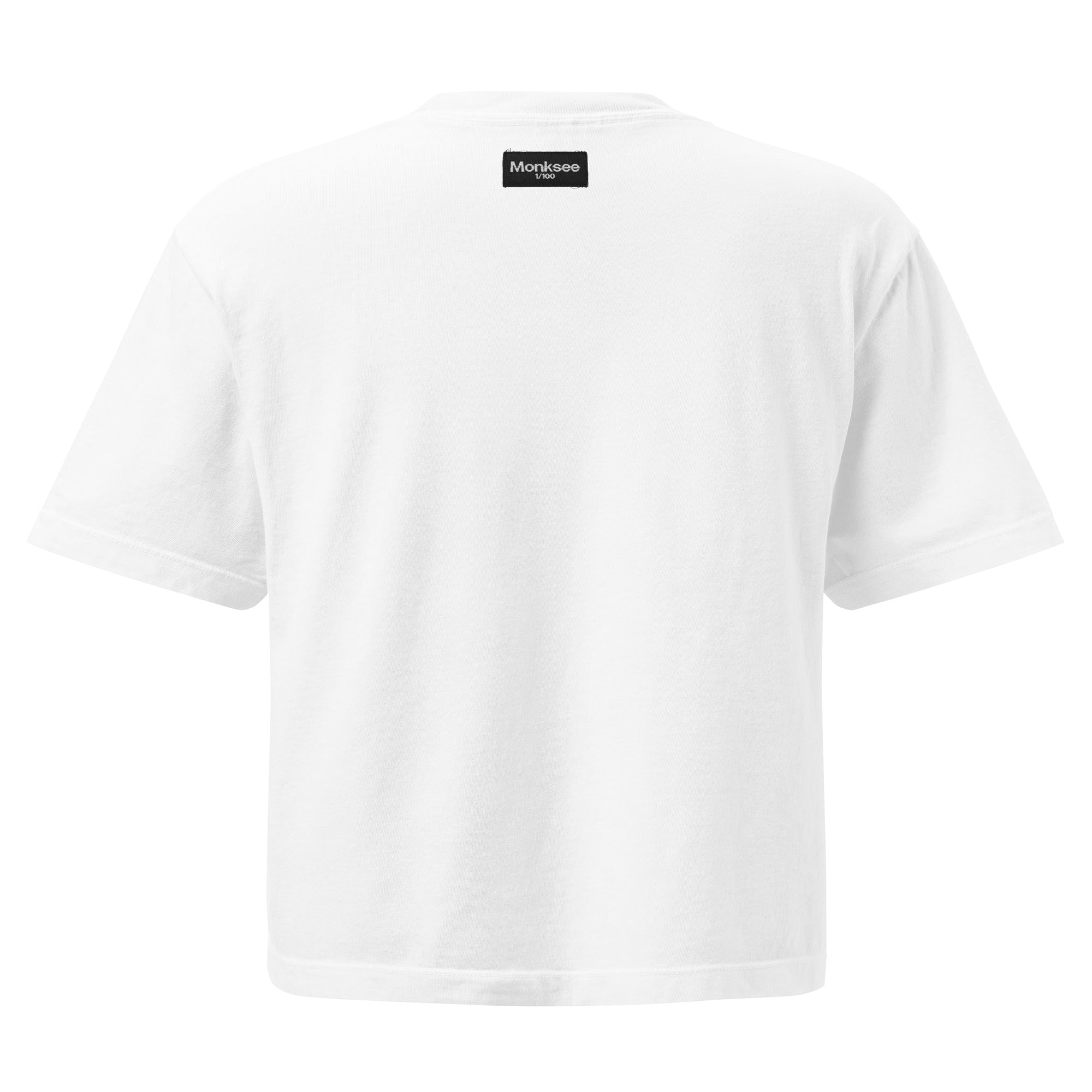 White t-shirt with a black Monksee label on a white background