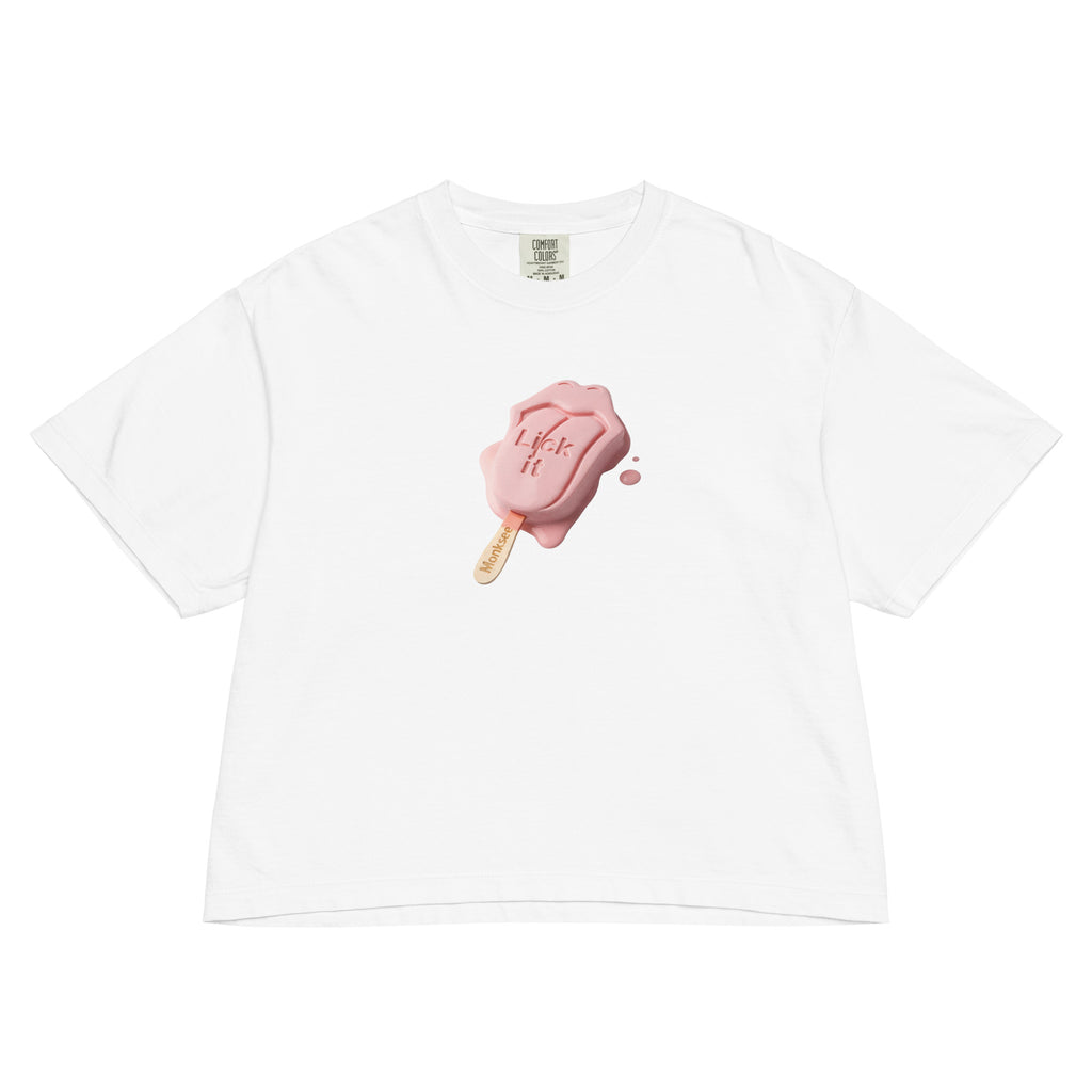 White t-shirt with a pink ice cream graphic on a white background