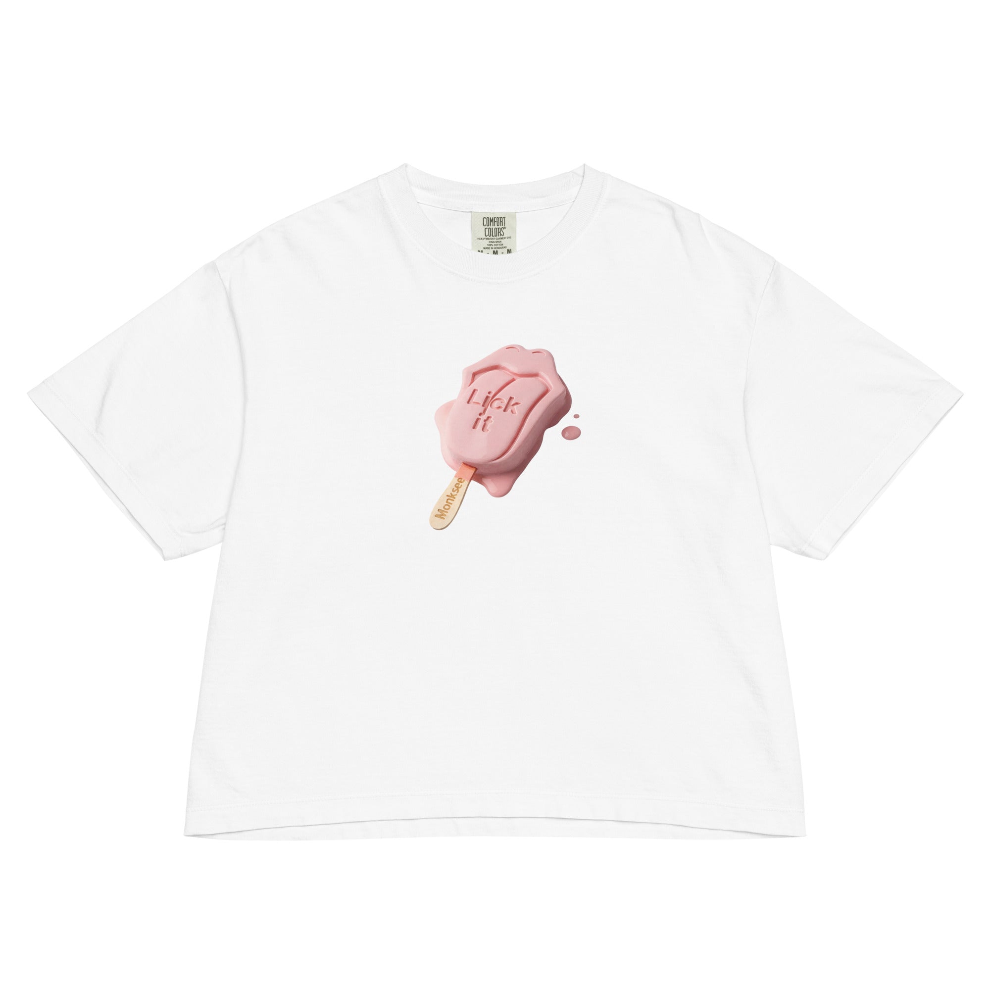 White t-shirt with a pink ice cream graphic on a white background