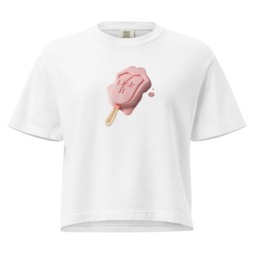 White t-shirt with a pink ice cream popsicle graphic on a white background