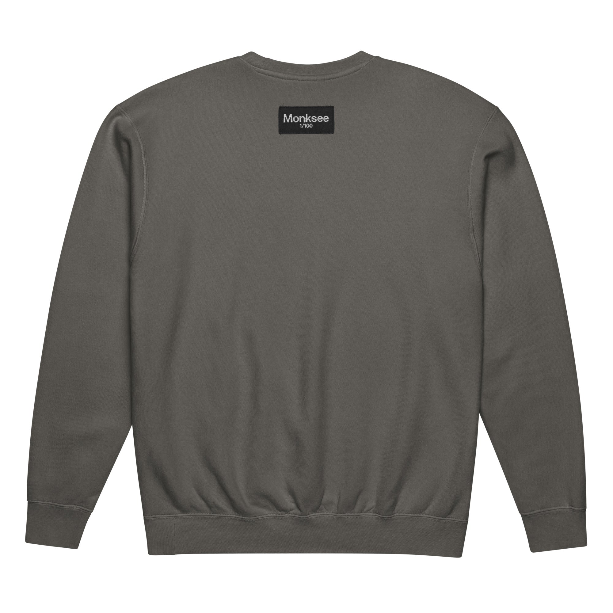 Gray sweatshirt with a brand logo on the back against a white background