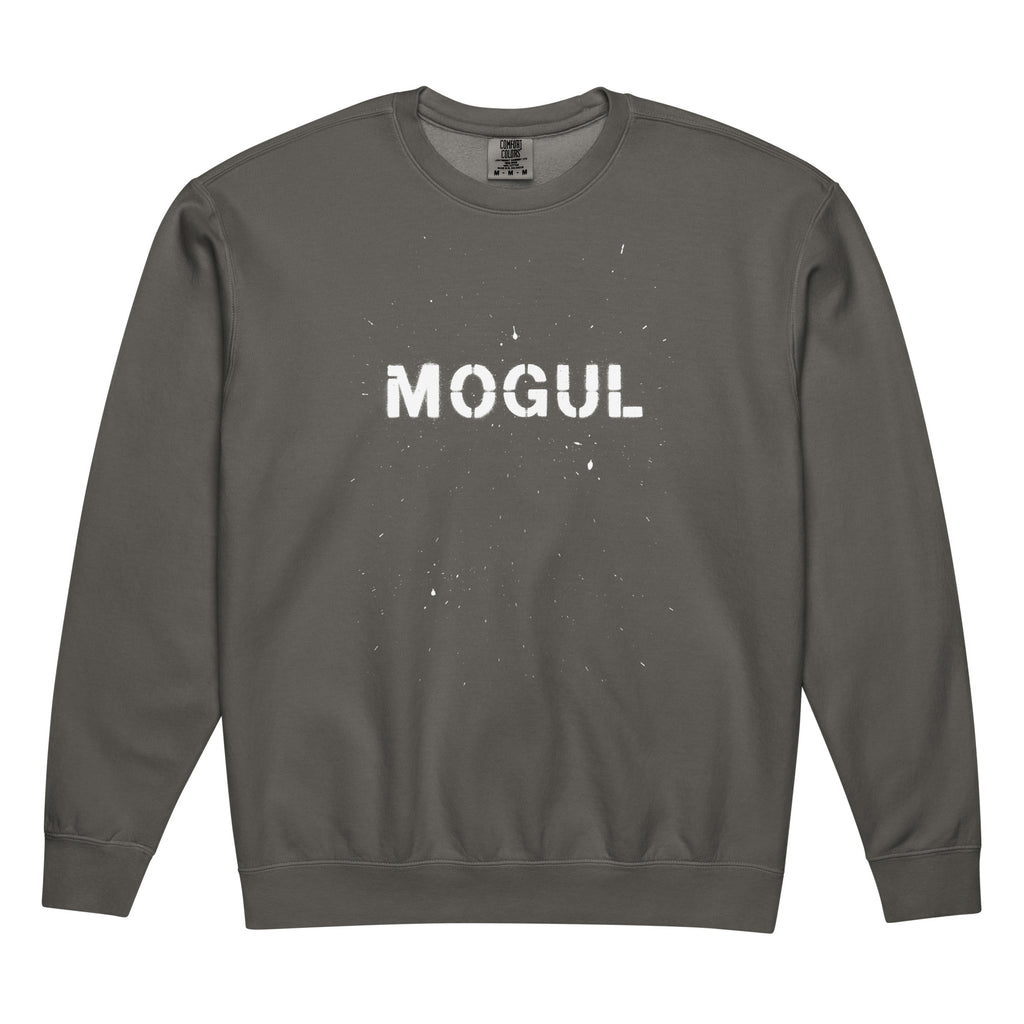 Gray sweatshirt with 'MOGUL' printed on it against a white background