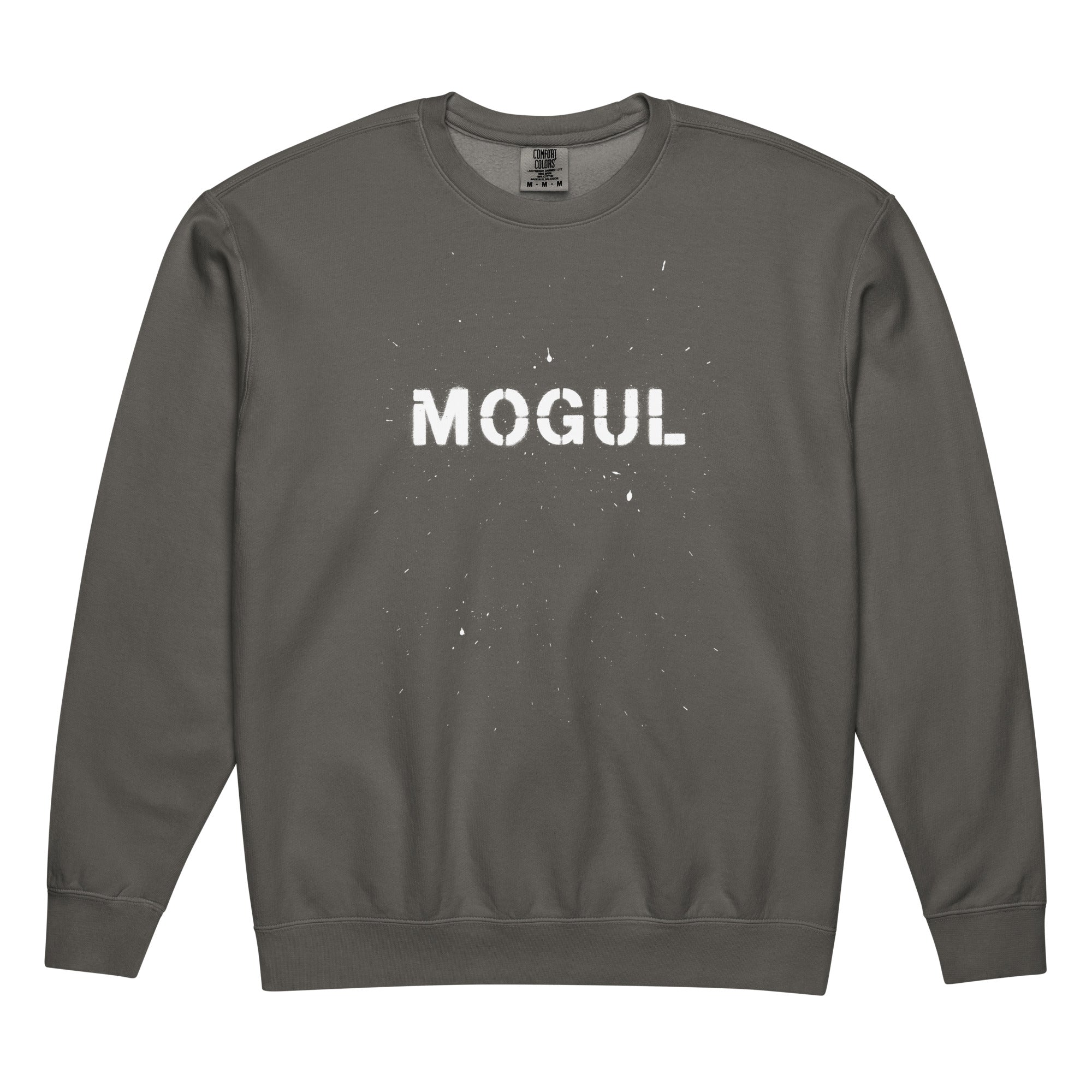 Gray sweatshirt with 'MOGUL' printed on it against a white background