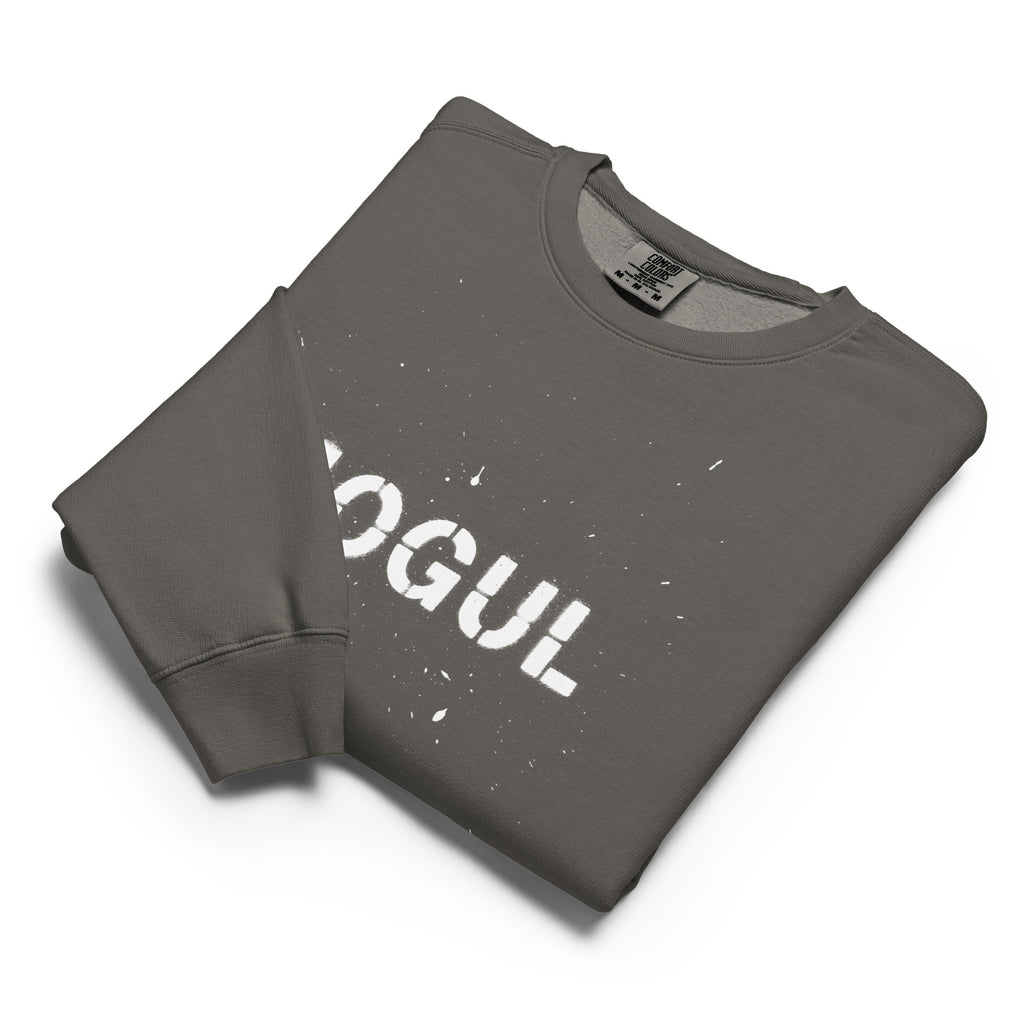 Folded gray Monksee sweatshirt with 'MOGUL' text on a white background
