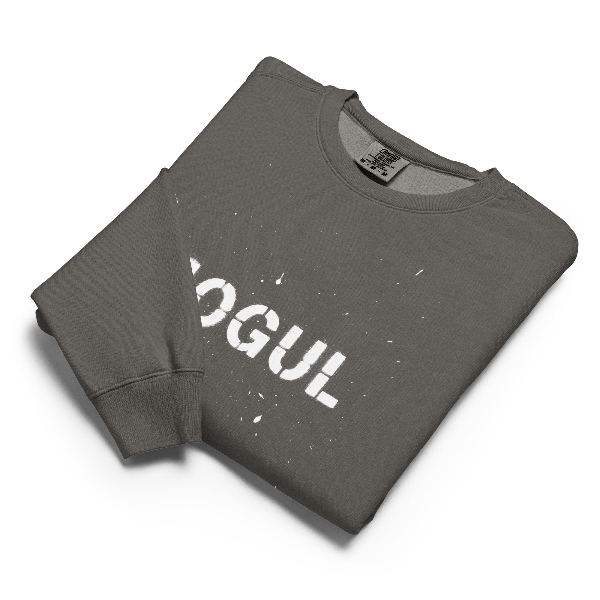 Folded gray Monksee sweatshirt with 'MOGUL' text on a white background