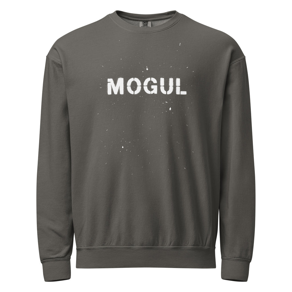 Gray sweatshirt with 'MOGUL' printed on it against a white background