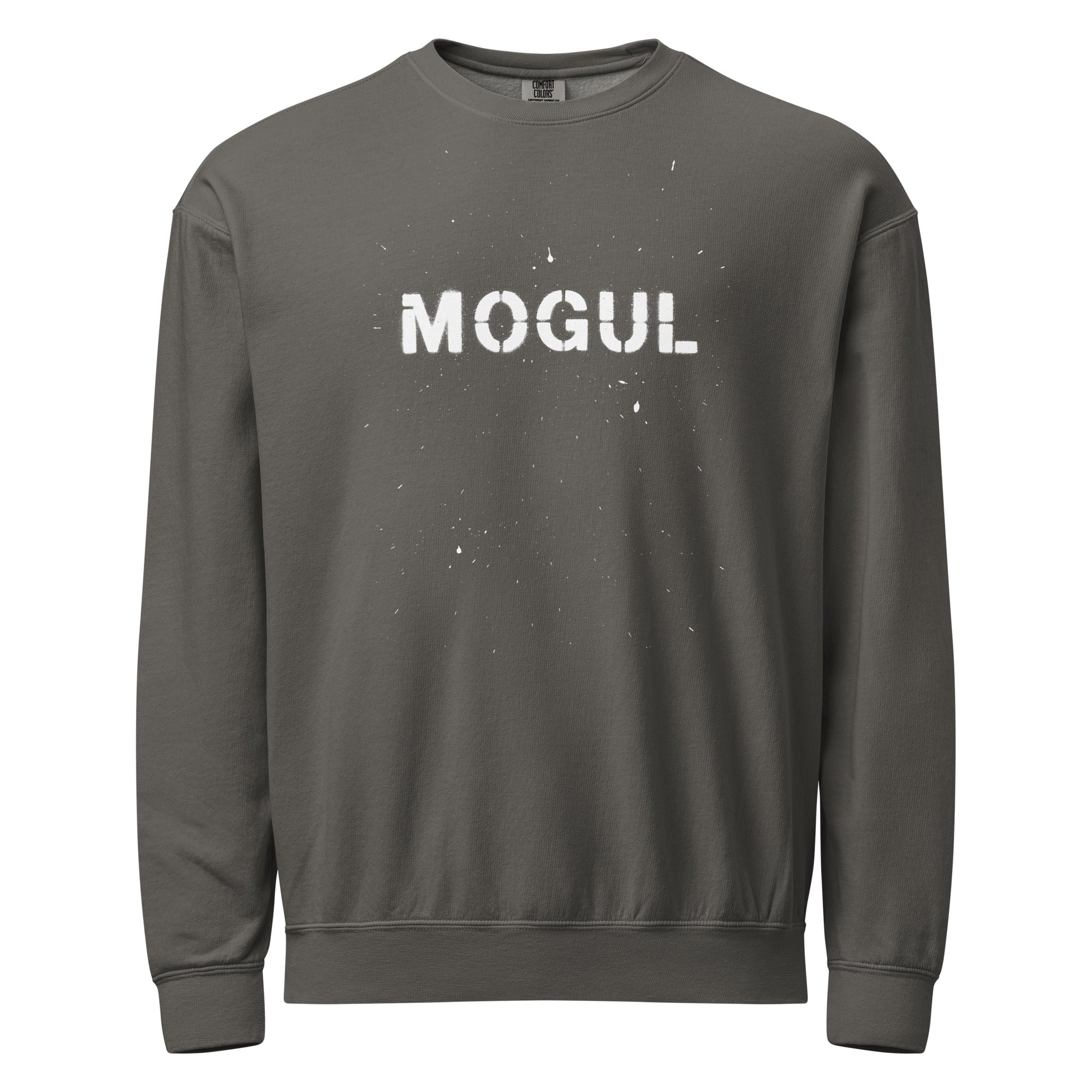Gray sweatshirt with 'MOGUL' printed on it against a white background
