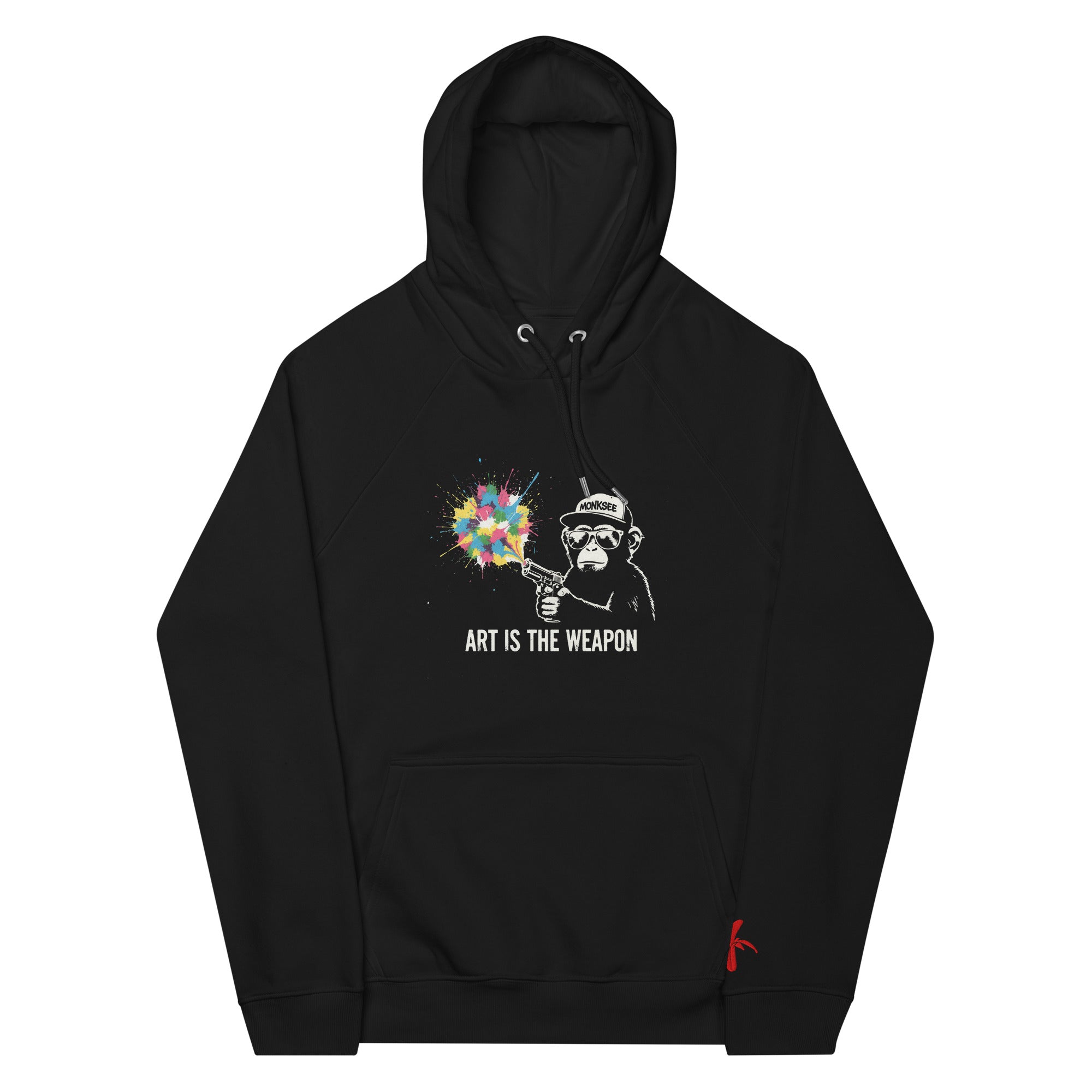 Black Monksee hoodie with graphic design of a monkey holding a colorful flower and 'Art is the Weapon' text flat on a white background.