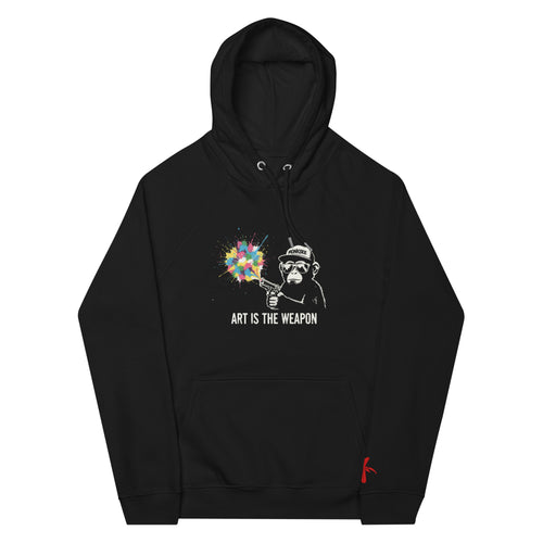 Black Monksee hoodie with graphic design of a monkey holding a colorful flower and 'Art is the Weapon' text flat on a white background.