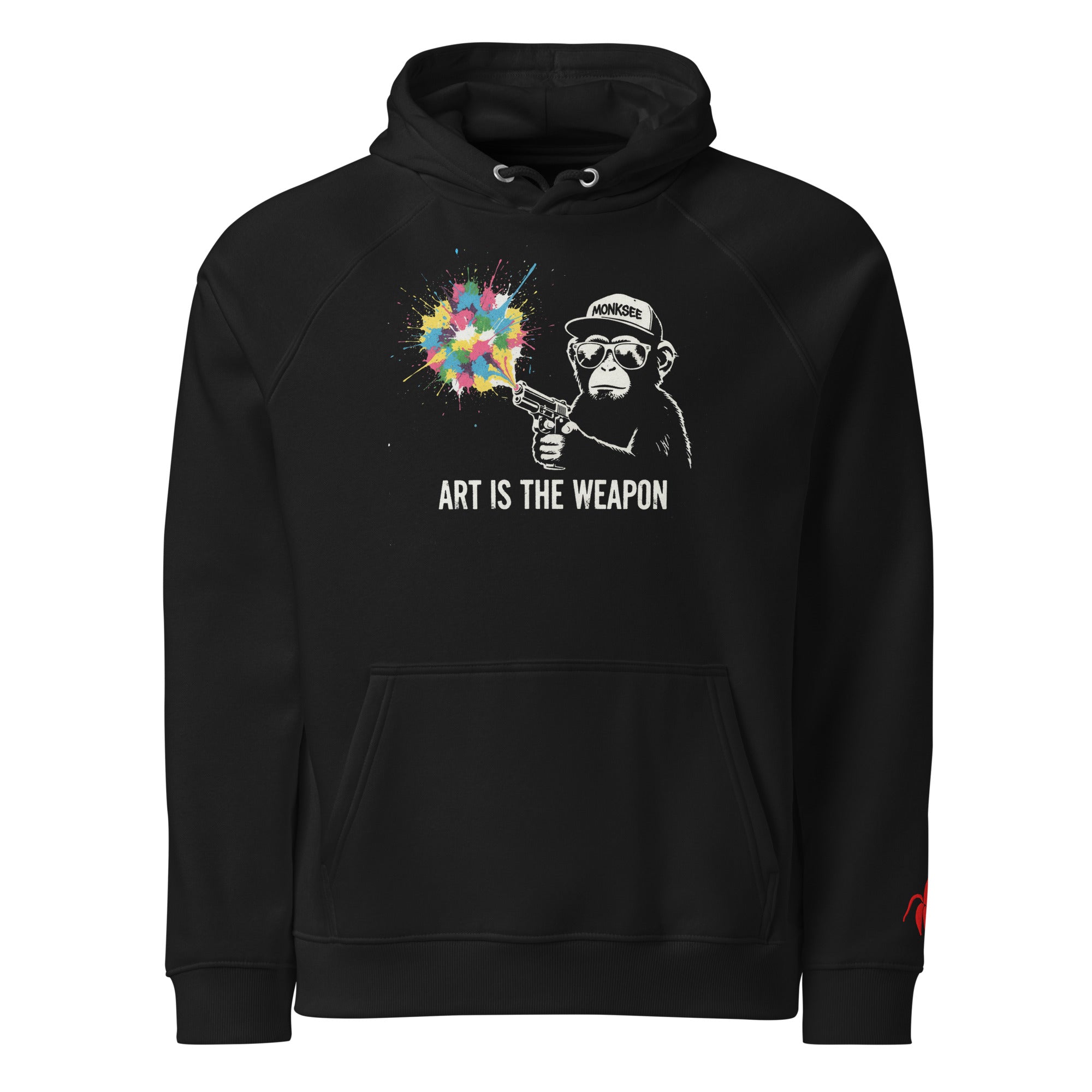 Black Monksee hoodie with graphic design of a monkey holding a gun with colorful blast and 'Art is the Weapon' text on a white background.