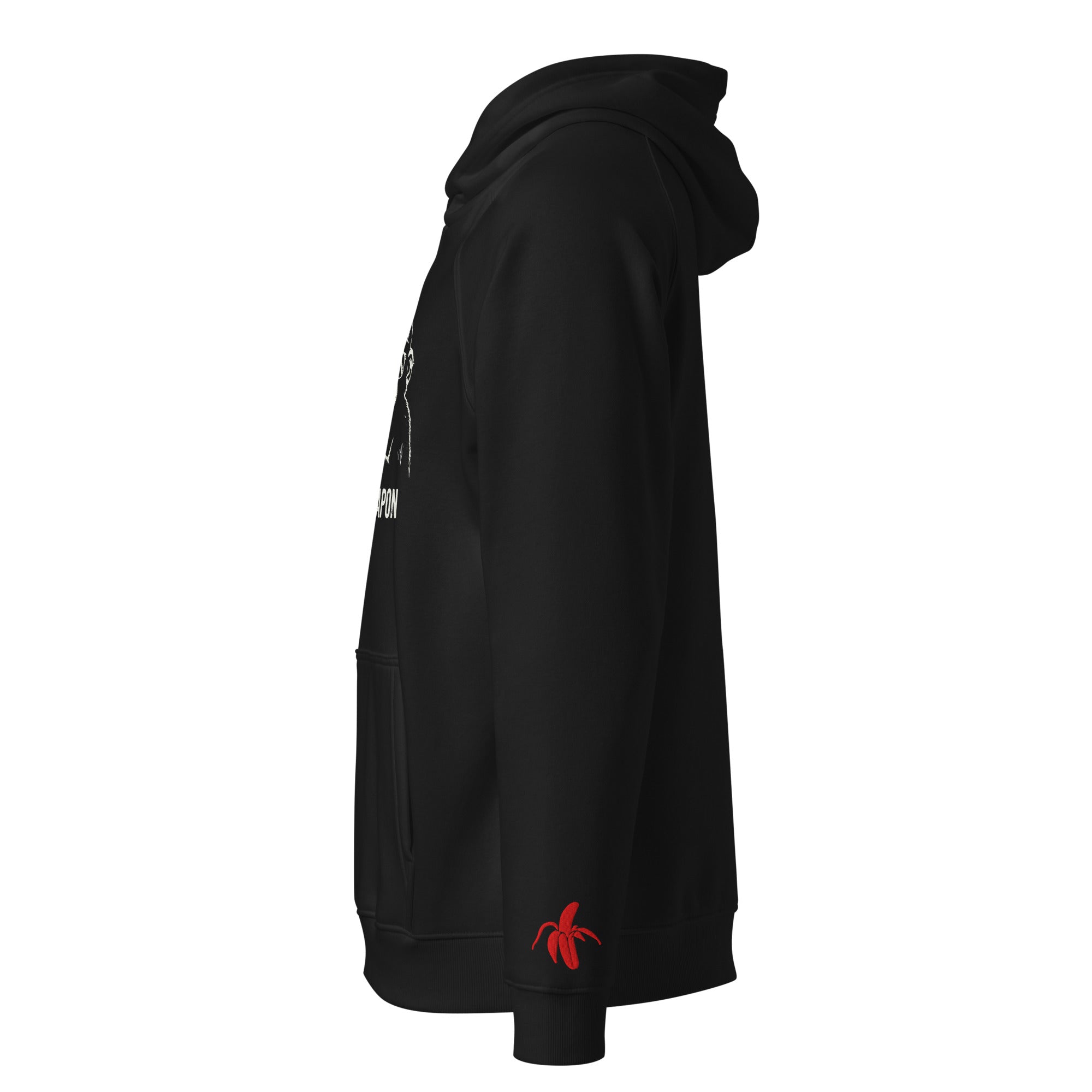 Black Monksee hoodie with a red banana logo on a white background