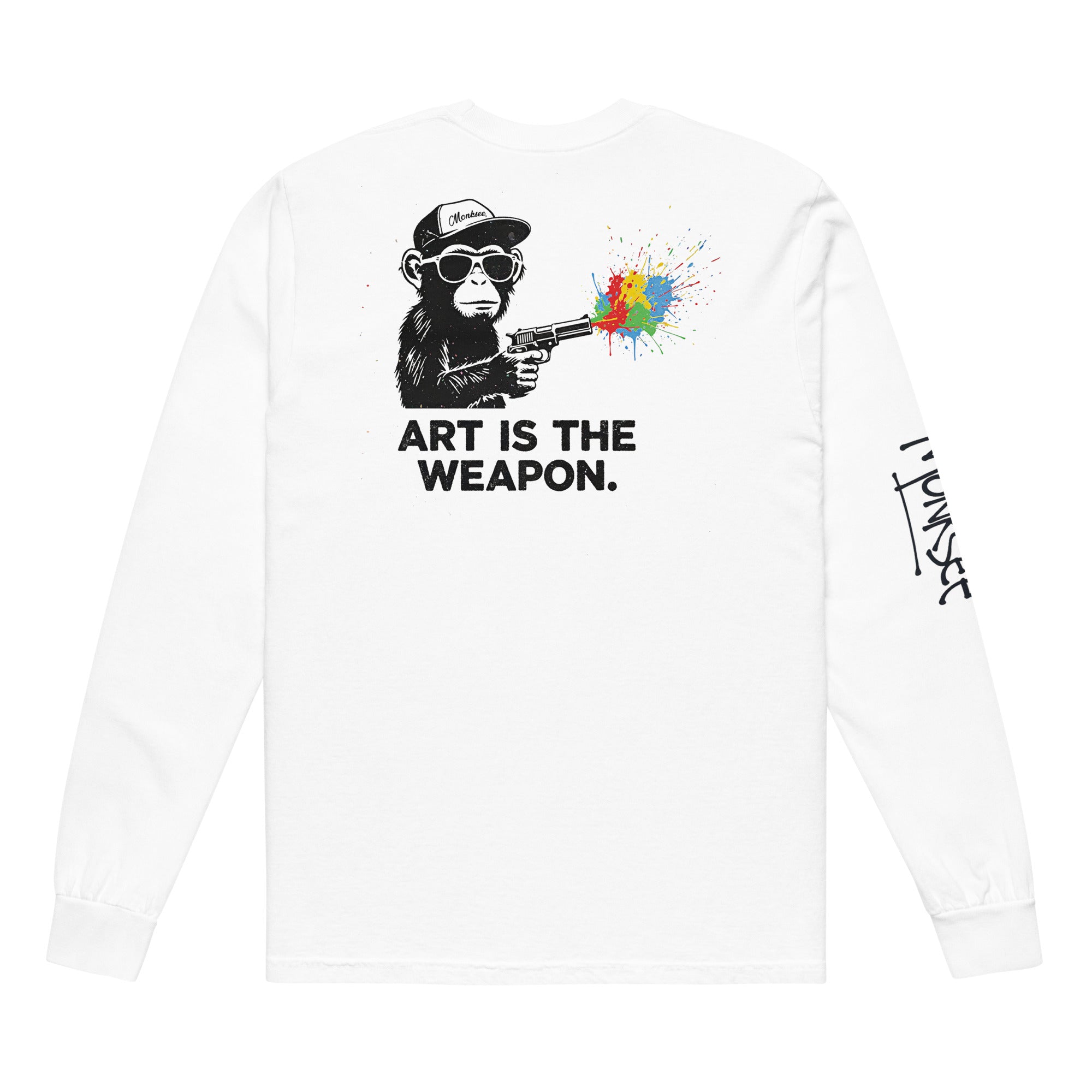 Monksee White long-sleeve shirt with a graphic of a monkey holding a gun with colorful bullets and 'Art is the Weapon' text.