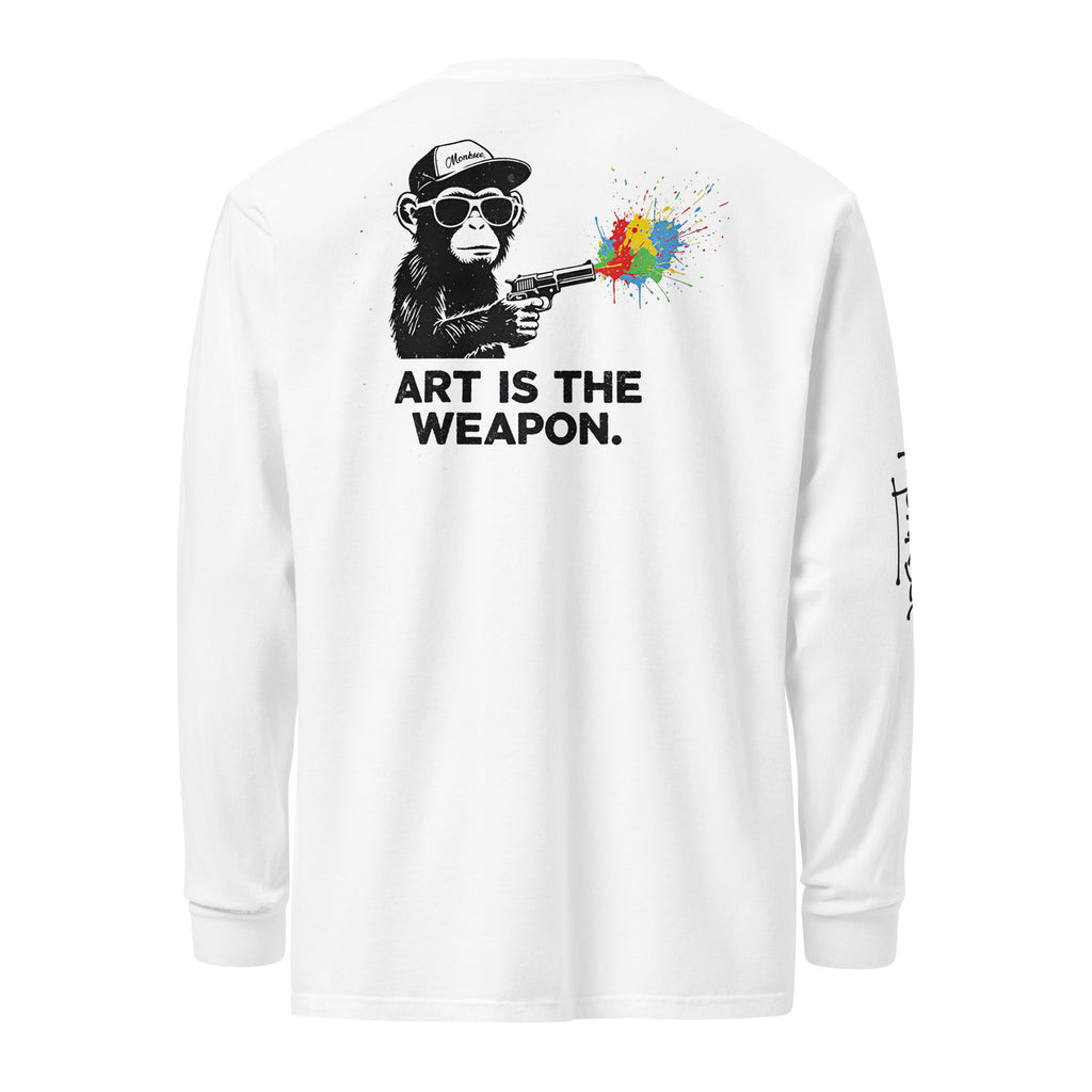 Monksee White long-sleeve shirt with graphic design of Monksee holding a gun with colorful paint and text 'Art is the Weapon' on a white background.