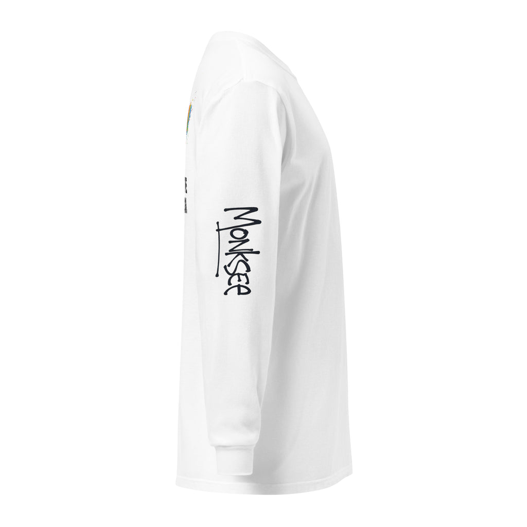 Monksee White long-sleeve shirt with black Monksee graffiti text on right sleeve on a white background
