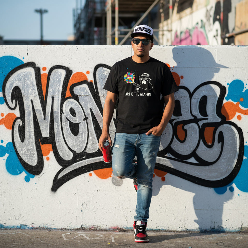 Person wearing a black Monksee t-shirt with a graphic design and sunglasses, standing in front of a graffiti-covered wall.
