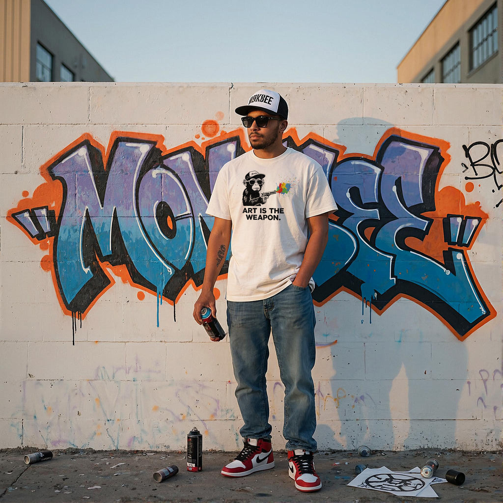Man wearing Monksee tee standing in front of a graffiti-covered wall with spray paint cans on the ground.