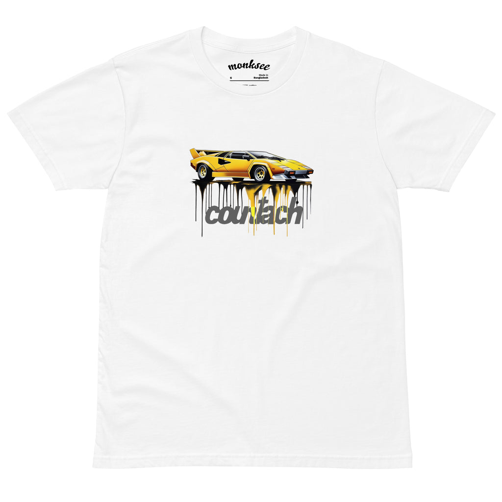 Monksee white cotton Lamborghini Countach T-shirt with graffiti countach design, laying flat