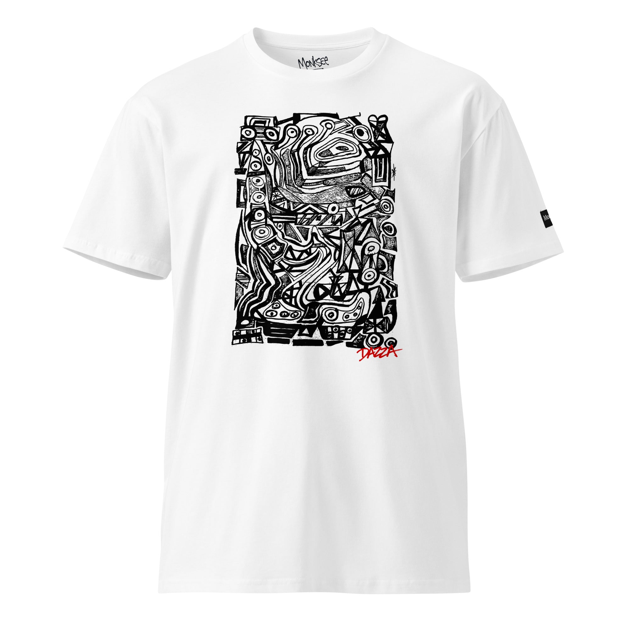 A white short-sleeve crewneck t-shirt featuring a large black abstract graphic print on the front with a small red 'Dazza' text accent below it, displayed on a clean white background.